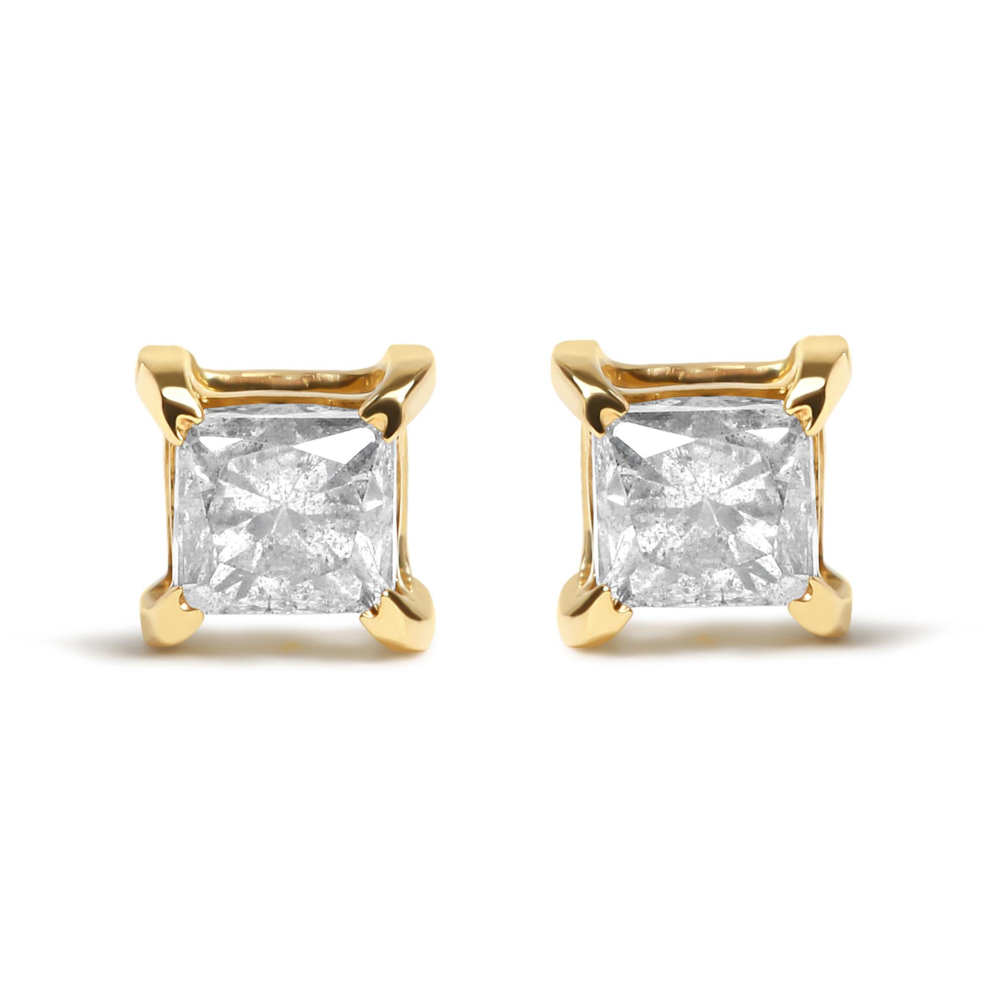 Orecchini a perno a 4 punte in oro giallo 14 carati con diamanti naturali taglio princess da 5/8 ct (colore marrone, purezza VS2-SI1) - Friggin Jewelry