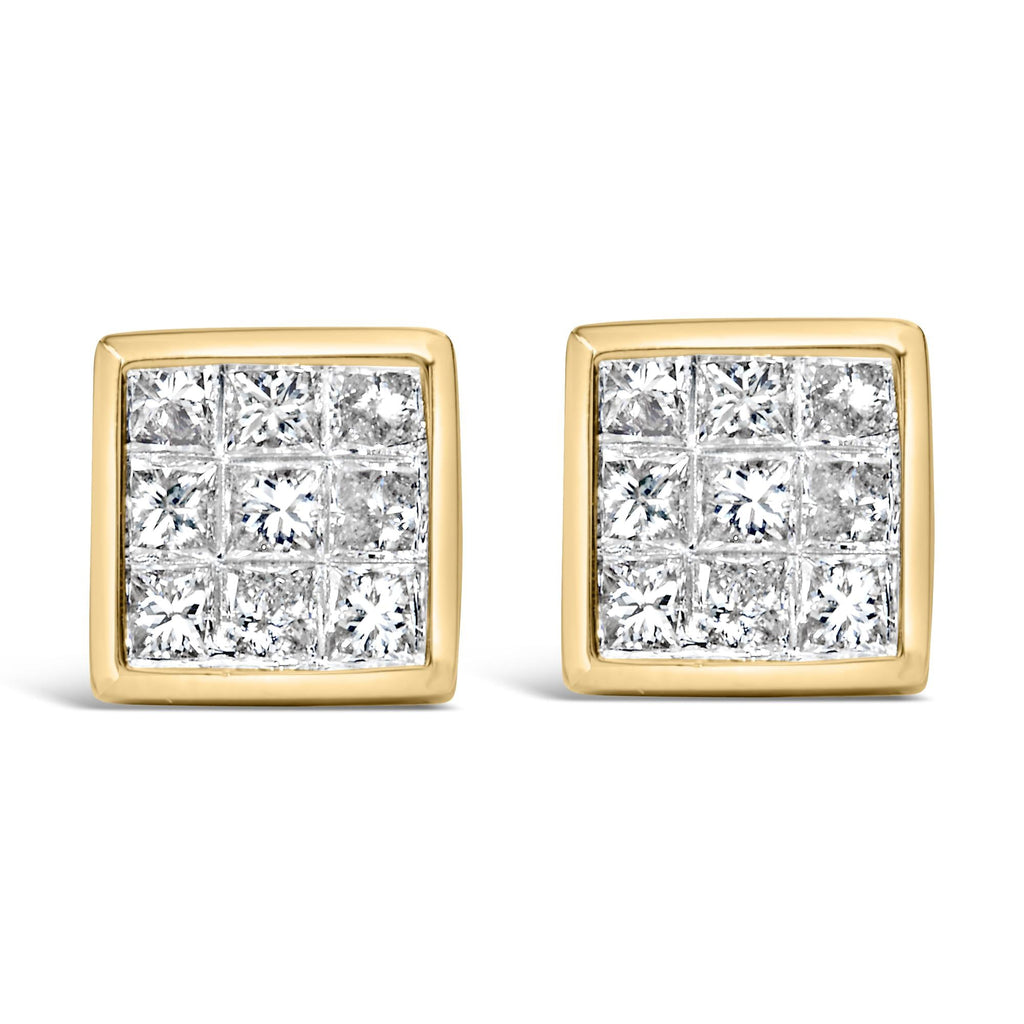 Aretes de oro amarillo de 14 quilates con diamantes de talla princesa de 1,0 ct y cierre de rosca (color JK, claridad SI1-SI2) - Friggin Jewelry