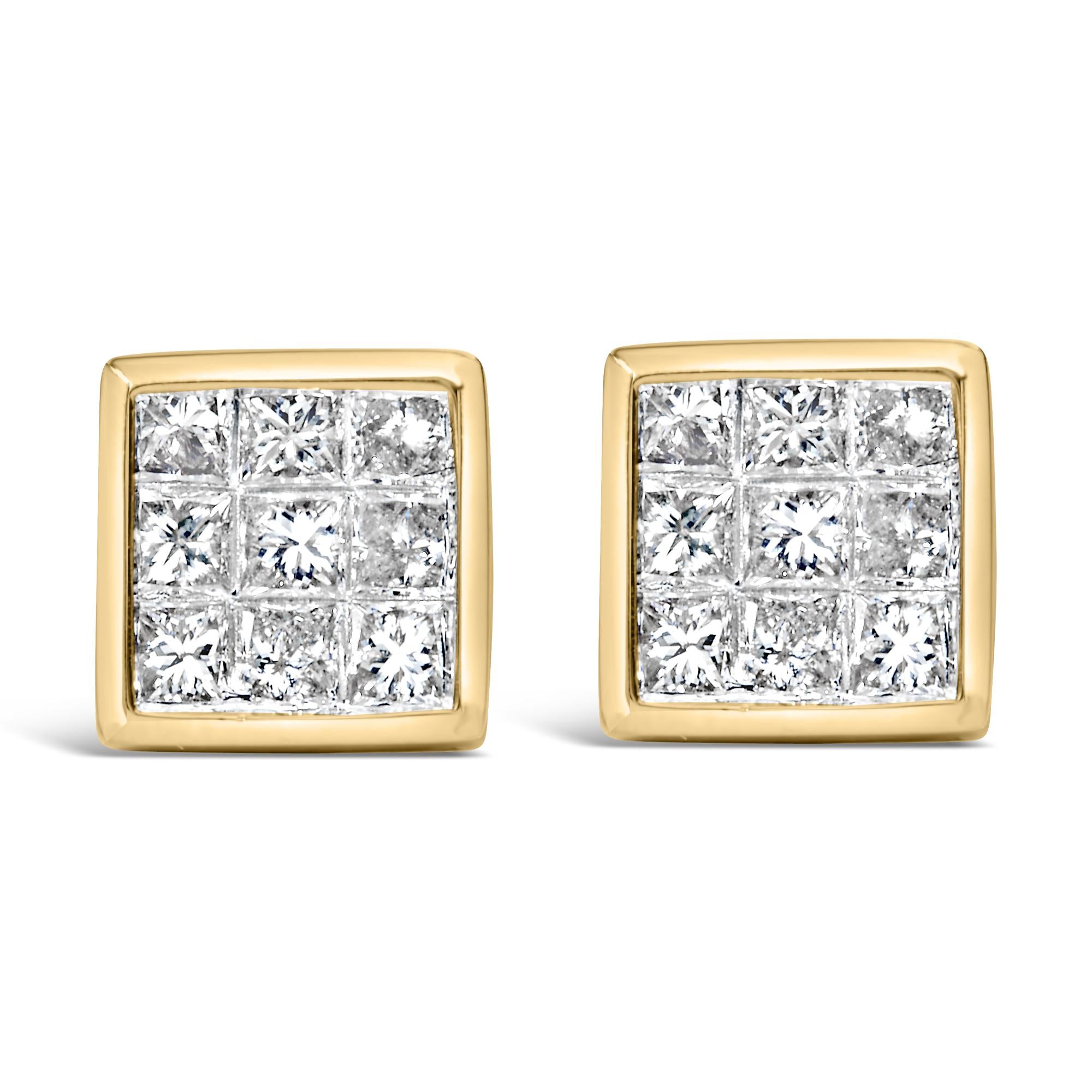 Aretes de oro amarillo de 14 quilates con diamantes de talla princesa de 1,0 ct y cierre de rosca (color JK, claridad SI1-SI2) - Friggin Jewelry