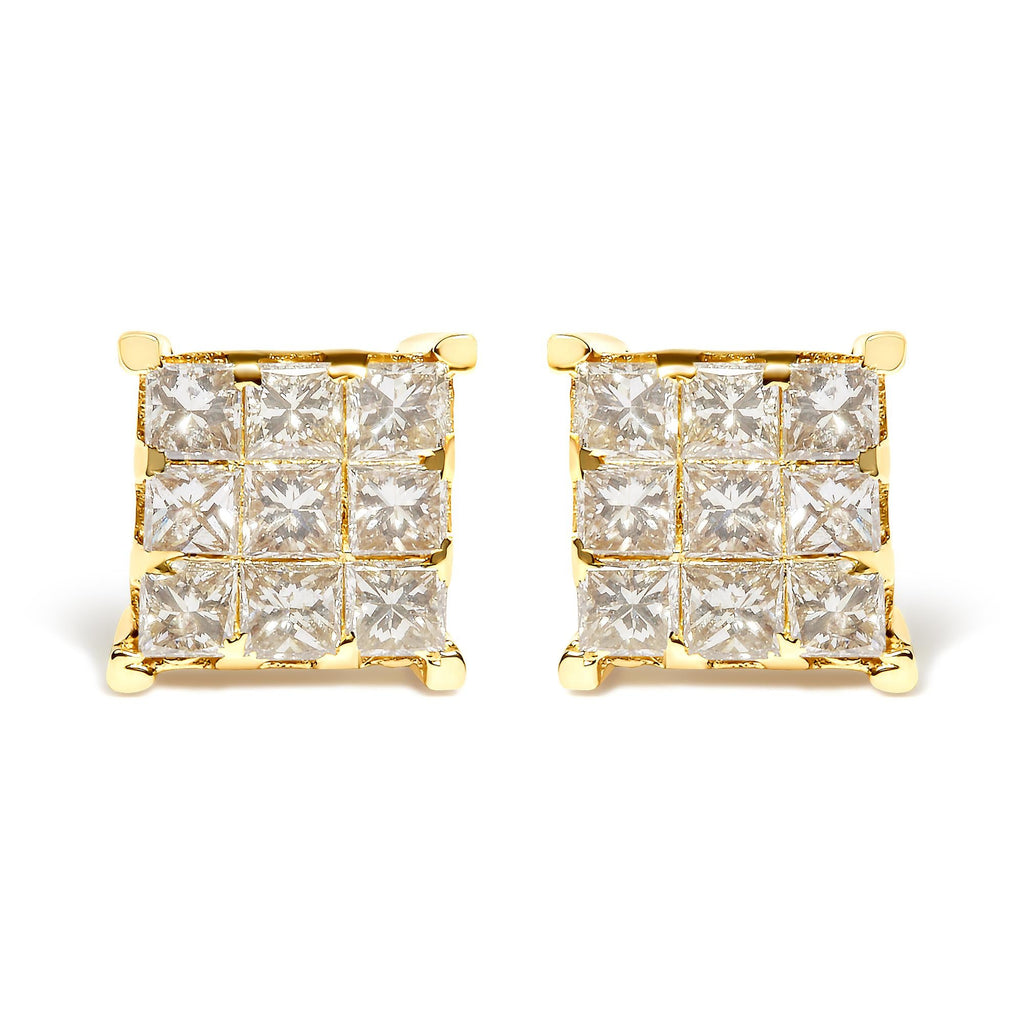 Aretes de oro amarillo de 14 quilates con diamantes de talla princesa de 1 1/2 ct y 9 piedras cuadradas engastadas invisibles (color JK, claridad SI2-I1) - Friggin Jewelry