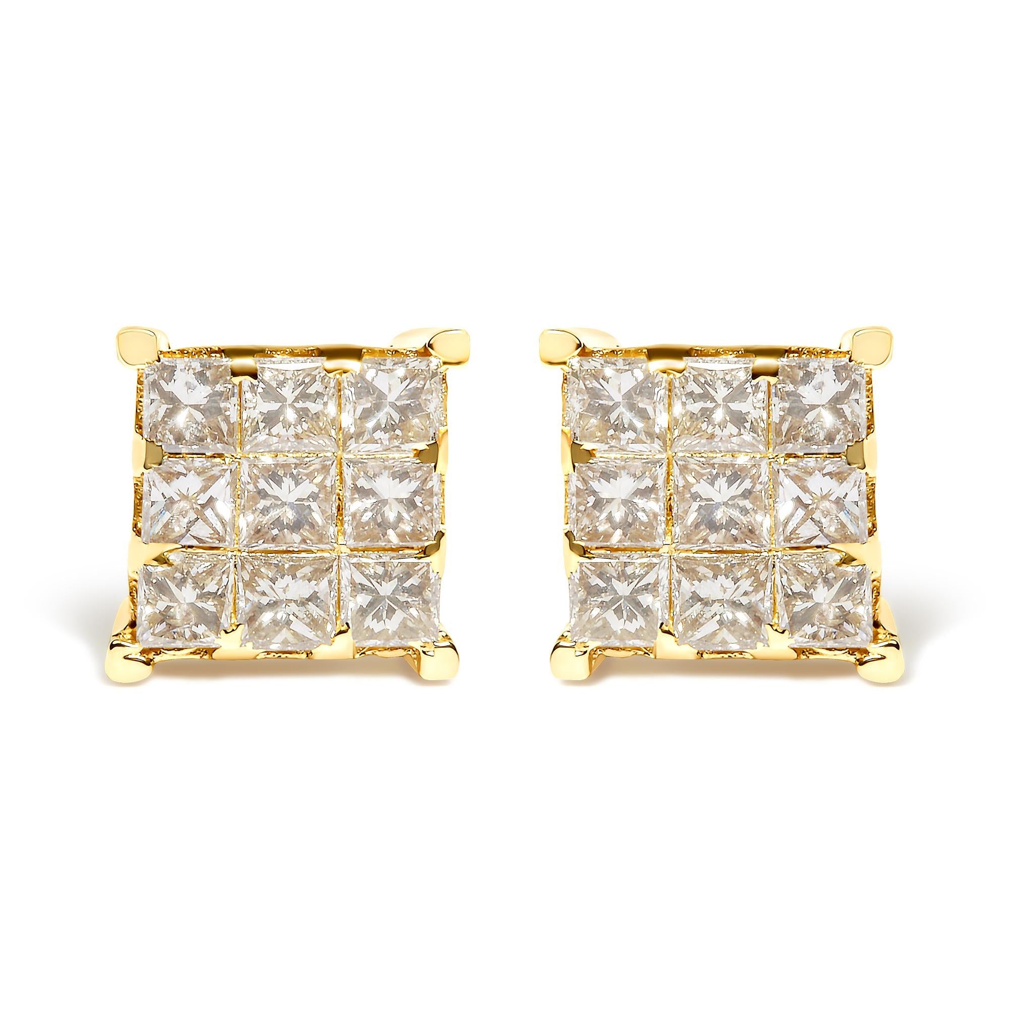 Aretes de oro amarillo de 14 quilates con diamantes de talla princesa de 1 1/2 ct y 9 piedras cuadradas engastadas invisibles (color JK, claridad SI2-I1) - Friggin Jewelry