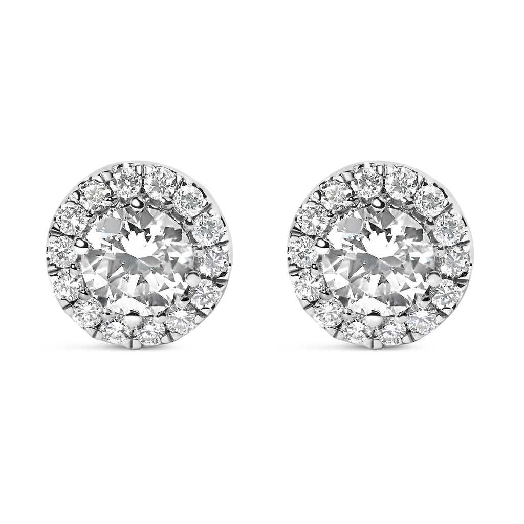 Aretes de oro blanco de 14 quilates con halo de diamantes redondos cultivados en laboratorio (color FG, claridad VS2-SI1) - Friggin Jewelry