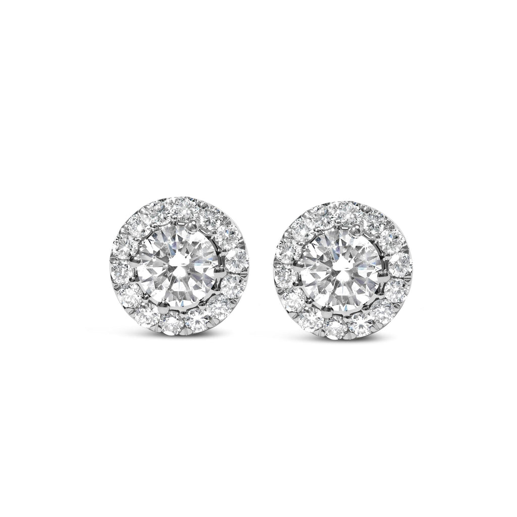 Aretes de oro blanco de 14 quilates con halo de diamantes redondos cultivados en laboratorio (color FG, claridad VS2-SI1) - Friggin Jewelry