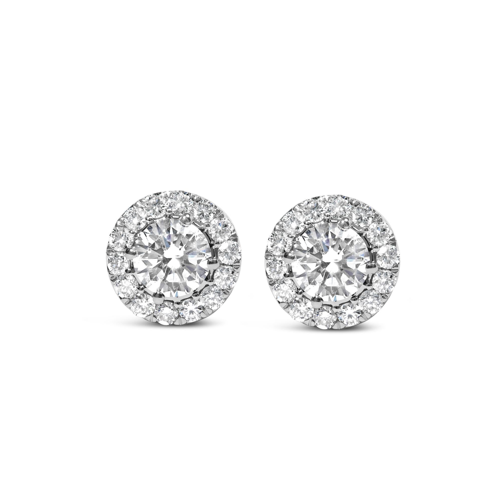 Aretes de oro blanco de 14 quilates con halo de diamantes redondos cultivados en laboratorio (color FG, claridad VS2-SI1) - Friggin Jewelry