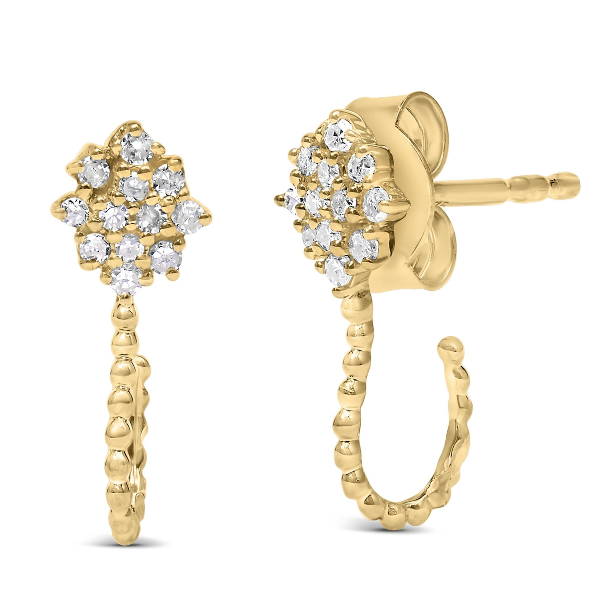 Aretes tipo aro con cuentas y racimo floral de diamantes de 1/10 ct, chapados en oro amarillo de 14 quilates (plata de ley .925), con diamantes de 1/10 ct (color HI, claridad I1-I2) - Friggin Jewelry