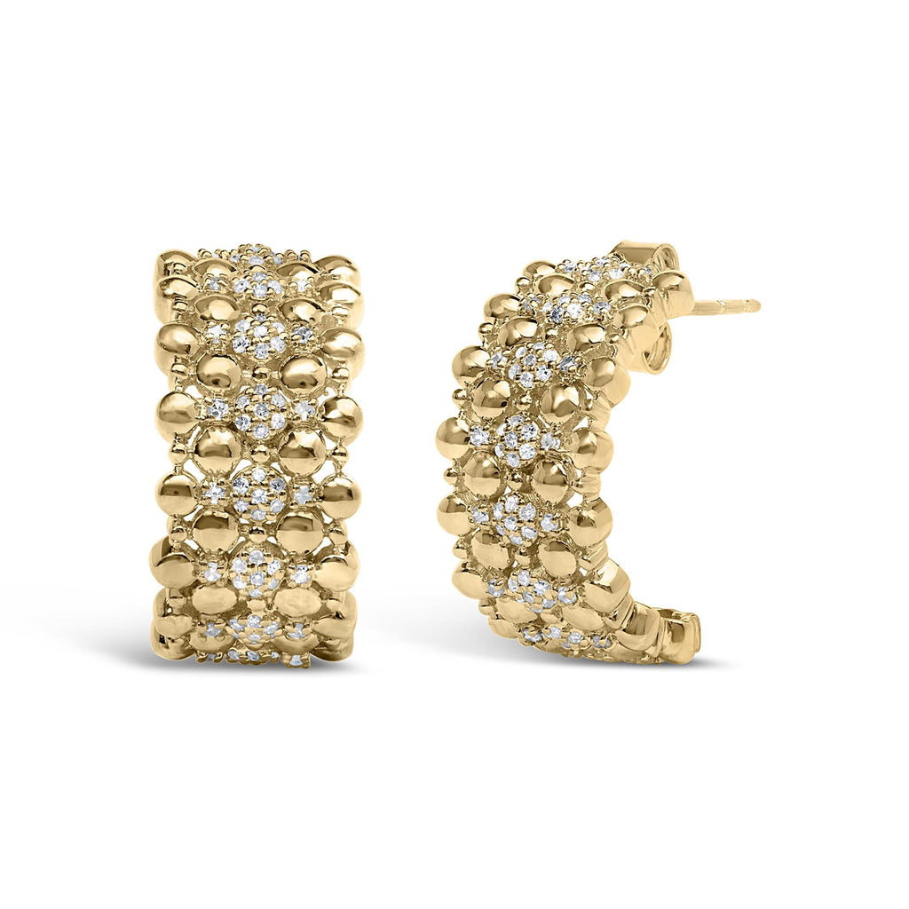 Aros en forma de J con diamantes y cuentas de bola de 3/8 quilates, chapados en oro amarillo de 14 quilates (plata de ley .925) (color HI, claridad I1-I2) - Friggin Jewelry