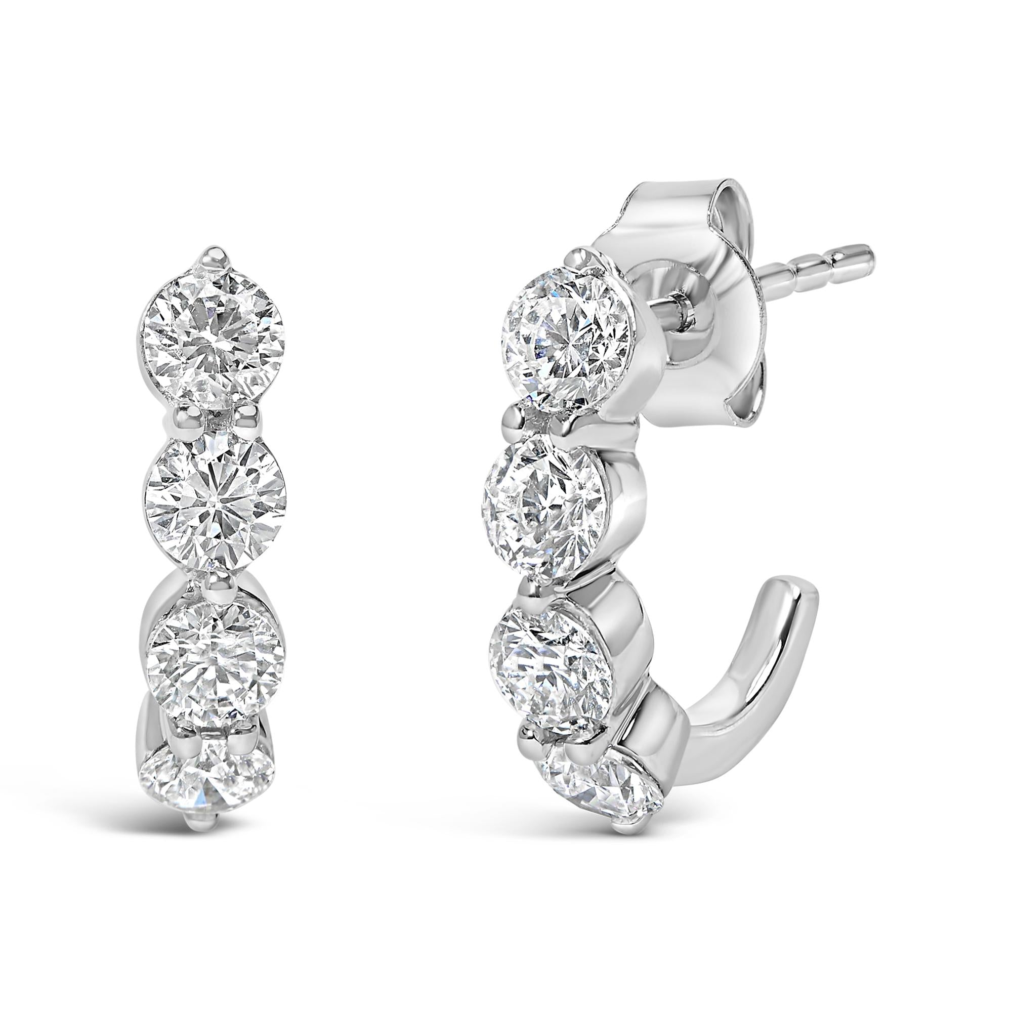 Aretes de aro abiertos de oro blanco de 14 quilates con diamantes redondos cultivados en laboratorio de 1 1/4 ct y 5 piedras (color FG, claridad VS1-VS2) - Friggin Jewelry