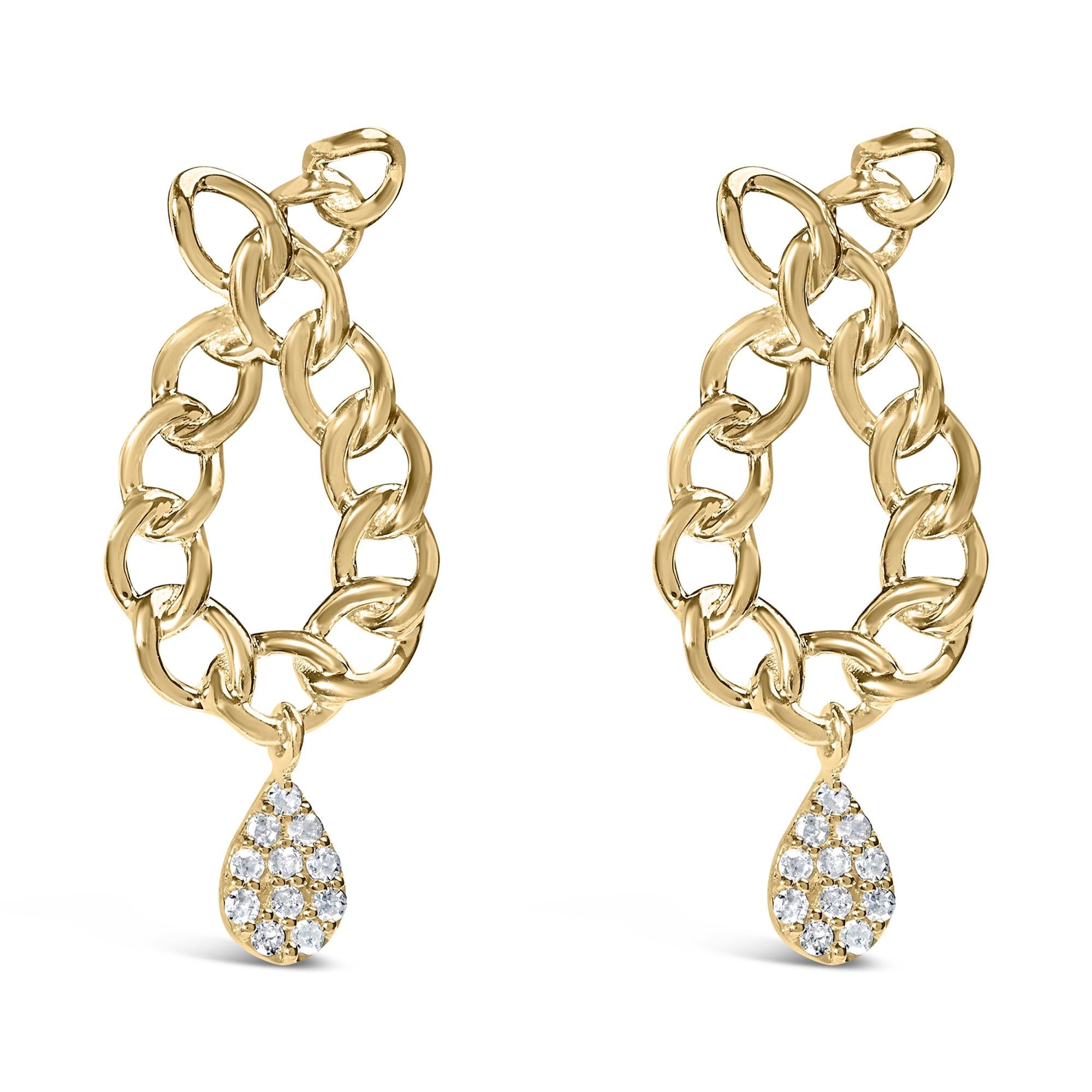 Pendientes colgantes de cadena con eslabones de diamantes de 1/10 quilates en plata de ley 925 bañada en oro amarillo de 14 quilates (color HI, claridad I1-I2) - Friggin Jewelry