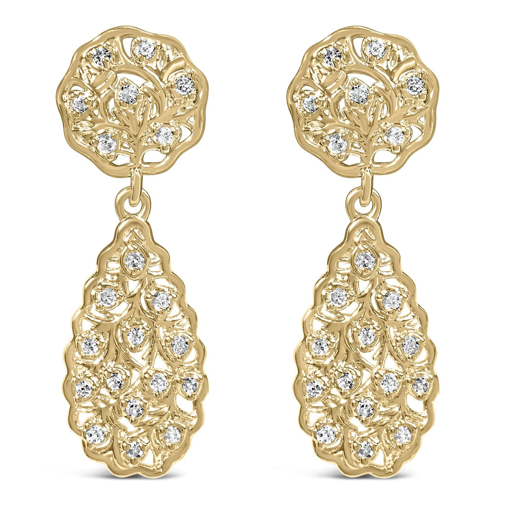 Pendientes de filigrana con forma de lágrima de diamantes de 1/5 ct en plata de ley chapada en oro amarillo de 14 quilates (color HI, claridad I1-I2) - Friggin Jewelry