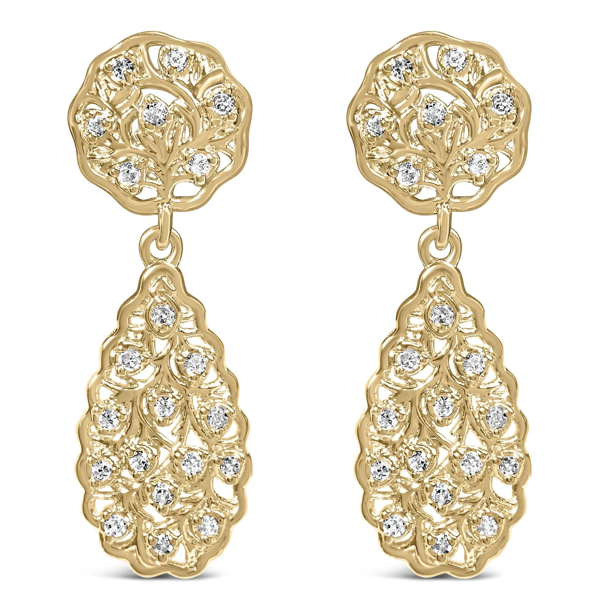 Pendientes de filigrana con forma de lágrima de diamantes de 1/5 ct en plata de ley chapada en oro amarillo de 14 quilates (color HI, claridad I1-I2) - Friggin Jewelry