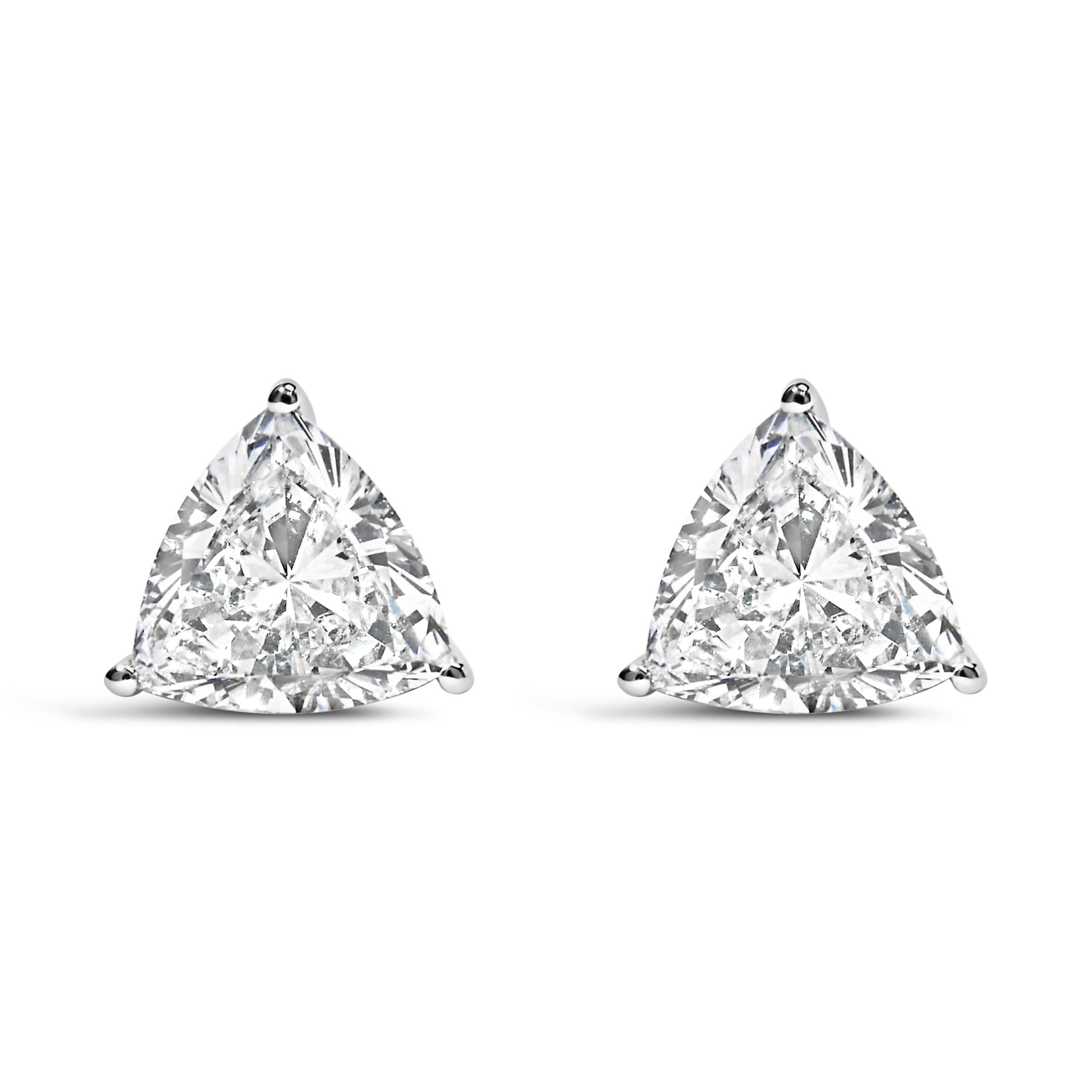Aretes solitarios clásicos de oro blanco de 14 quilates con diamantes cultivados en laboratorio de talla trillón de 3 puntas (color FG, claridad VS1-VS2) - Friggin Jewelry