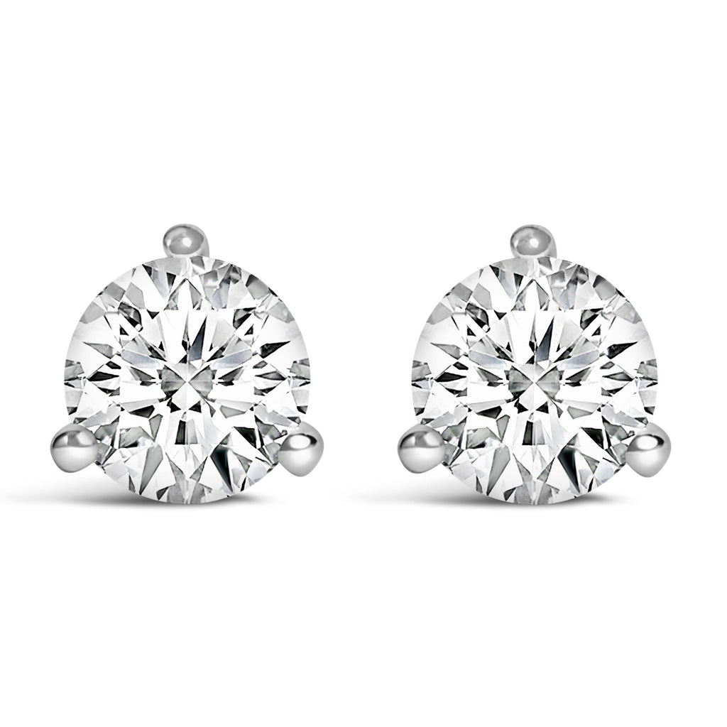 Aretes tipo botón de oro blanco de 14 quilates con tres puntas y diamantes cultivados en laboratorio de talla redonda brillante (color FG, claridad VS1-VS2) - Friggin Jewelry