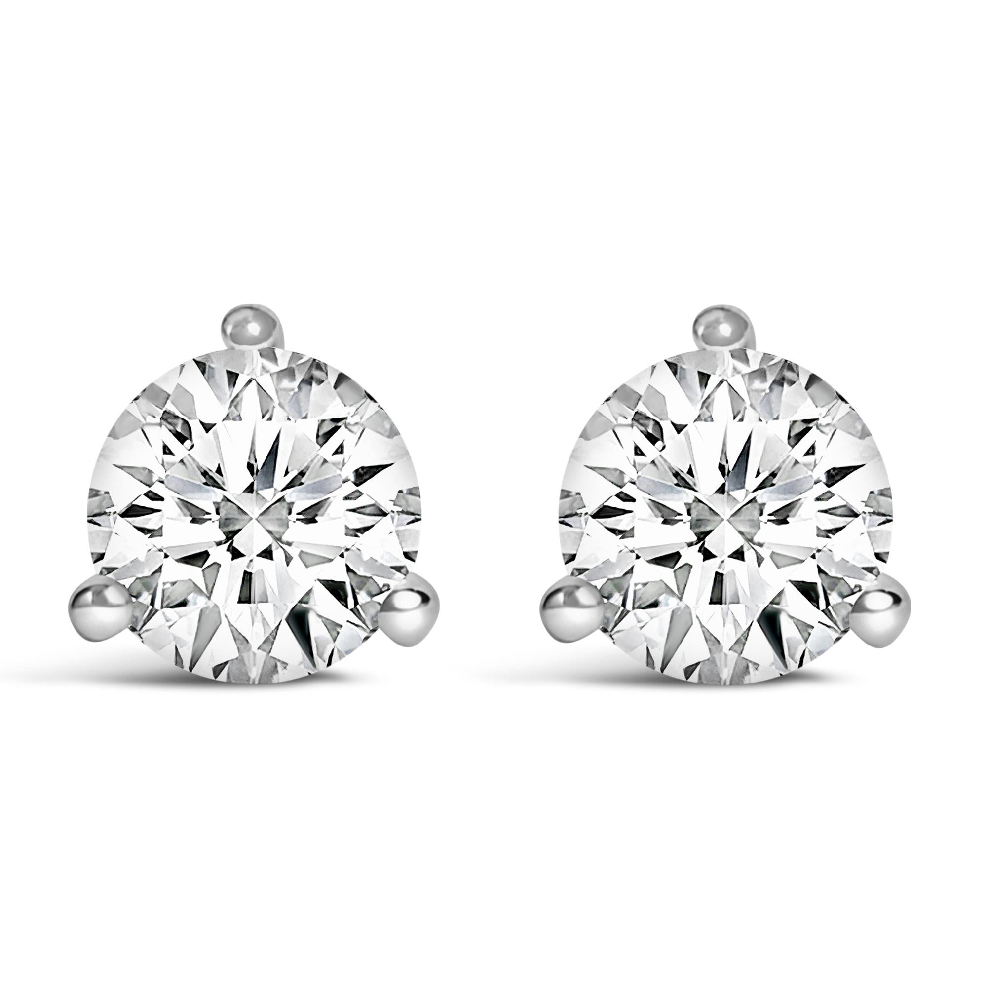 Aretes tipo botón de oro blanco de 14 quilates con tres puntas y diamantes cultivados en laboratorio de talla redonda brillante (color FG, claridad VS1-VS2) - Friggin Jewelry