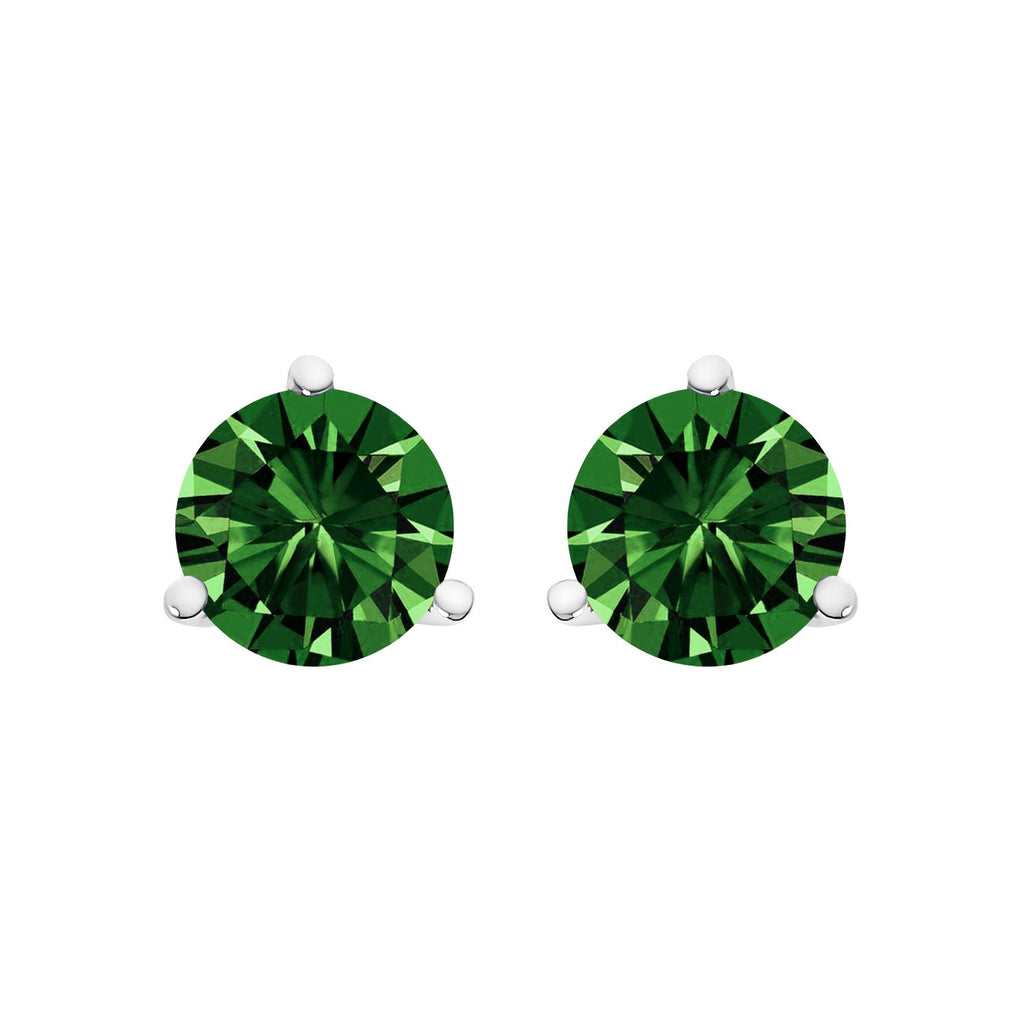 Aretes tipo botón de oro blanco de 14 quilates con solitario de 1 1/2 quilates y 3 puntas engastadas en forma de martini, brillantes, de talla redonda, cultivados en laboratorio (color verde, claridad VS2-SI1) - Friggin Jewelry