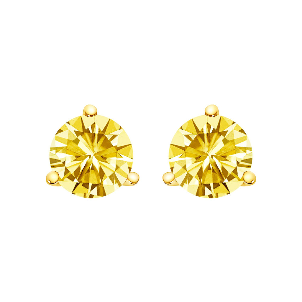 Orecchini a bottone con diamante solitario giallo incastonato in laboratorio a 3 punte in oro 14 carati - Friggin Jewelry