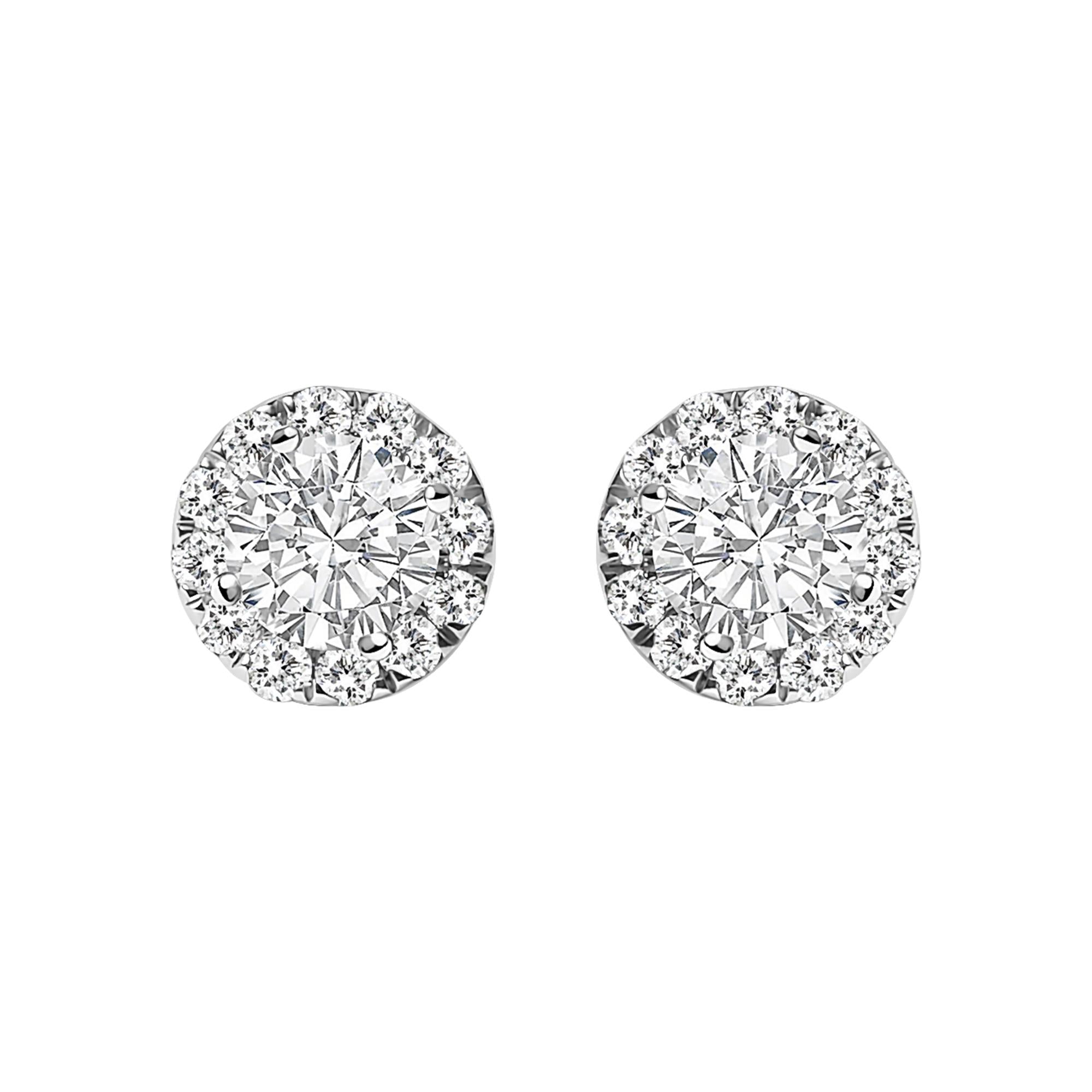 Aretes de oro blanco de 14 quilates con halo de diamantes cultivados en laboratorio de 1/2 quilates (color FG, claridad VS1-VS2) - Friggin Jewelry