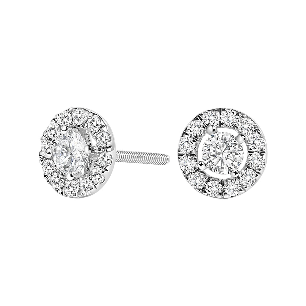 Aretes de oro blanco de 14 quilates con halo flotante de diamantes cultivados en laboratorio de 3/4 quilates (color FG, claridad VS1-VS2) - Friggin Jewelry