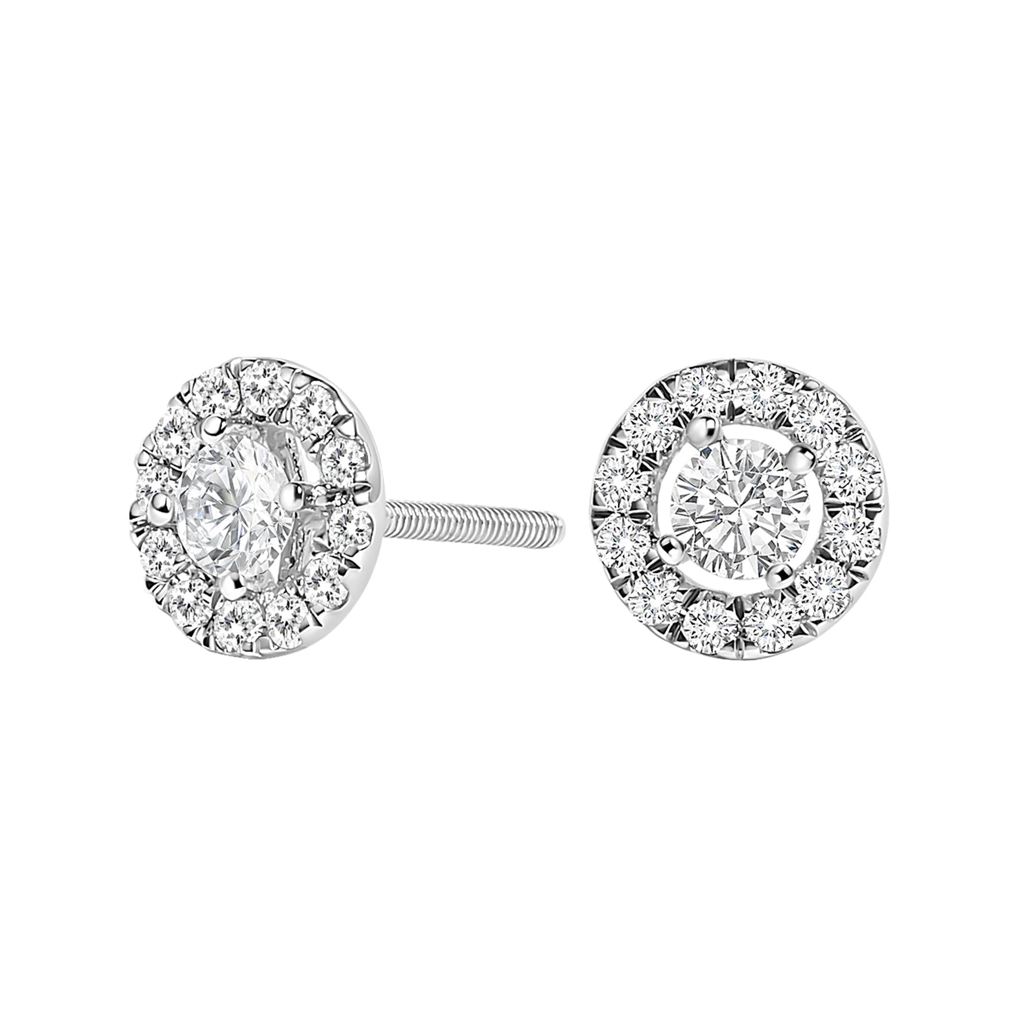 Aretes de oro blanco de 14 quilates con halo flotante de diamantes cultivados en laboratorio de 3/4 quilates (color FG, claridad VS1-VS2) - Friggin Jewelry