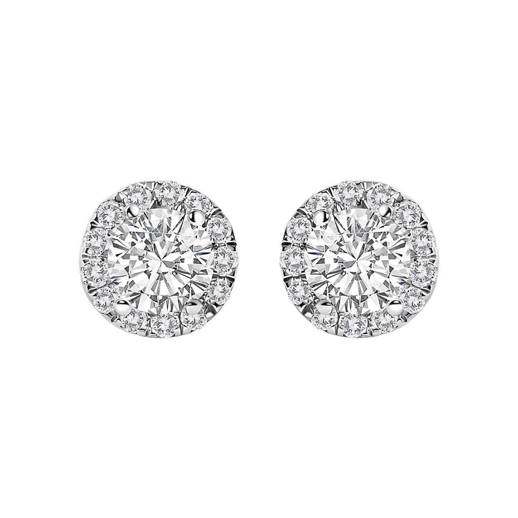 Aretes de oro blanco de 14 quilates con halo de diamantes cultivados en laboratorio de 1,0 quilates (color FG, claridad VS1-VS2) - Friggin Jewelry