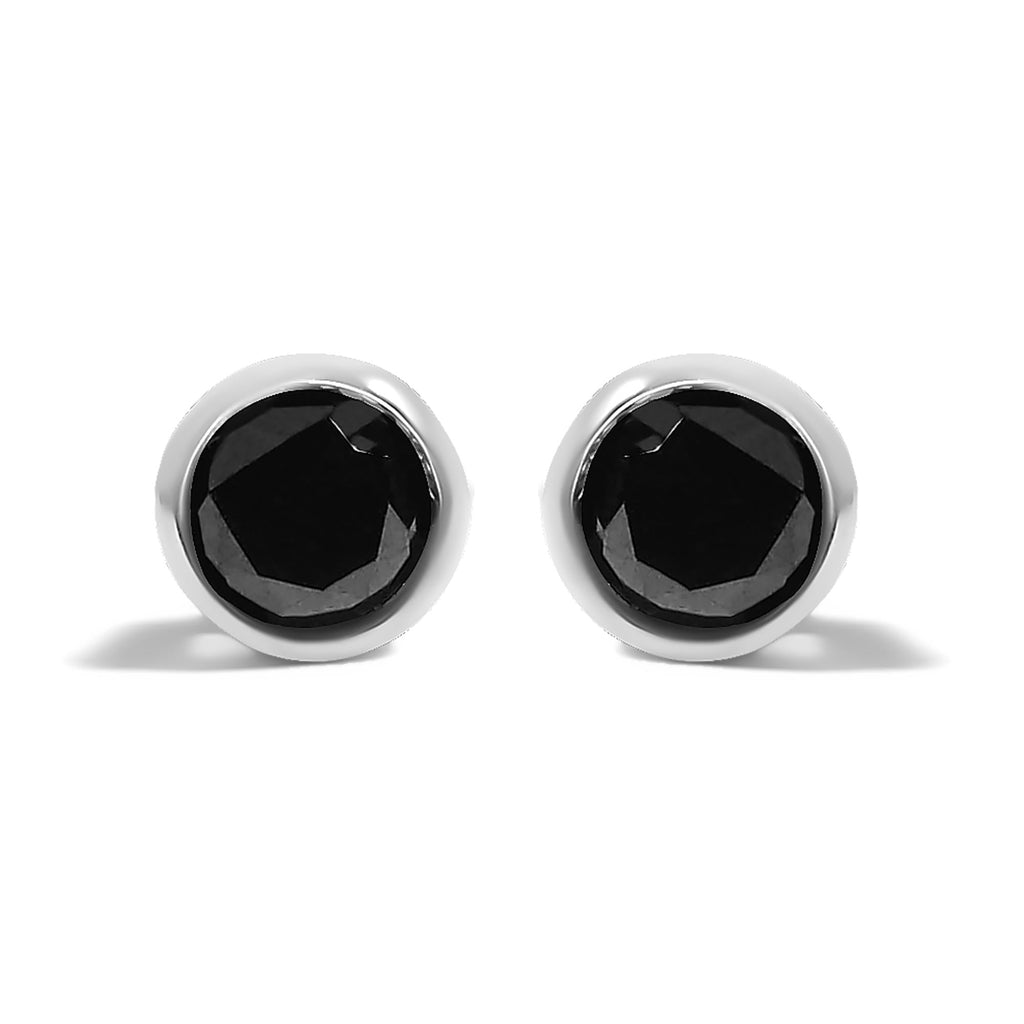 Aretes de plata de ley 925 con diamantes negros redondos de talla brillante, engastados en bisel y cierre de rosca (color elegante, claridad I2-I3) - Friggin Jewelry