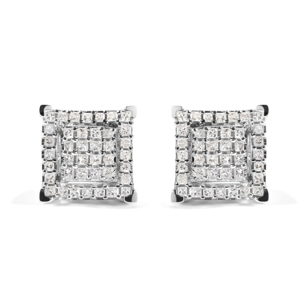 Aretes de oro blanco de 10 quilates con diamantes princesa de 1 1/4 ct y doble cuadrado con halo (color IJ, claridad I1-I2) - Friggin Jewelry