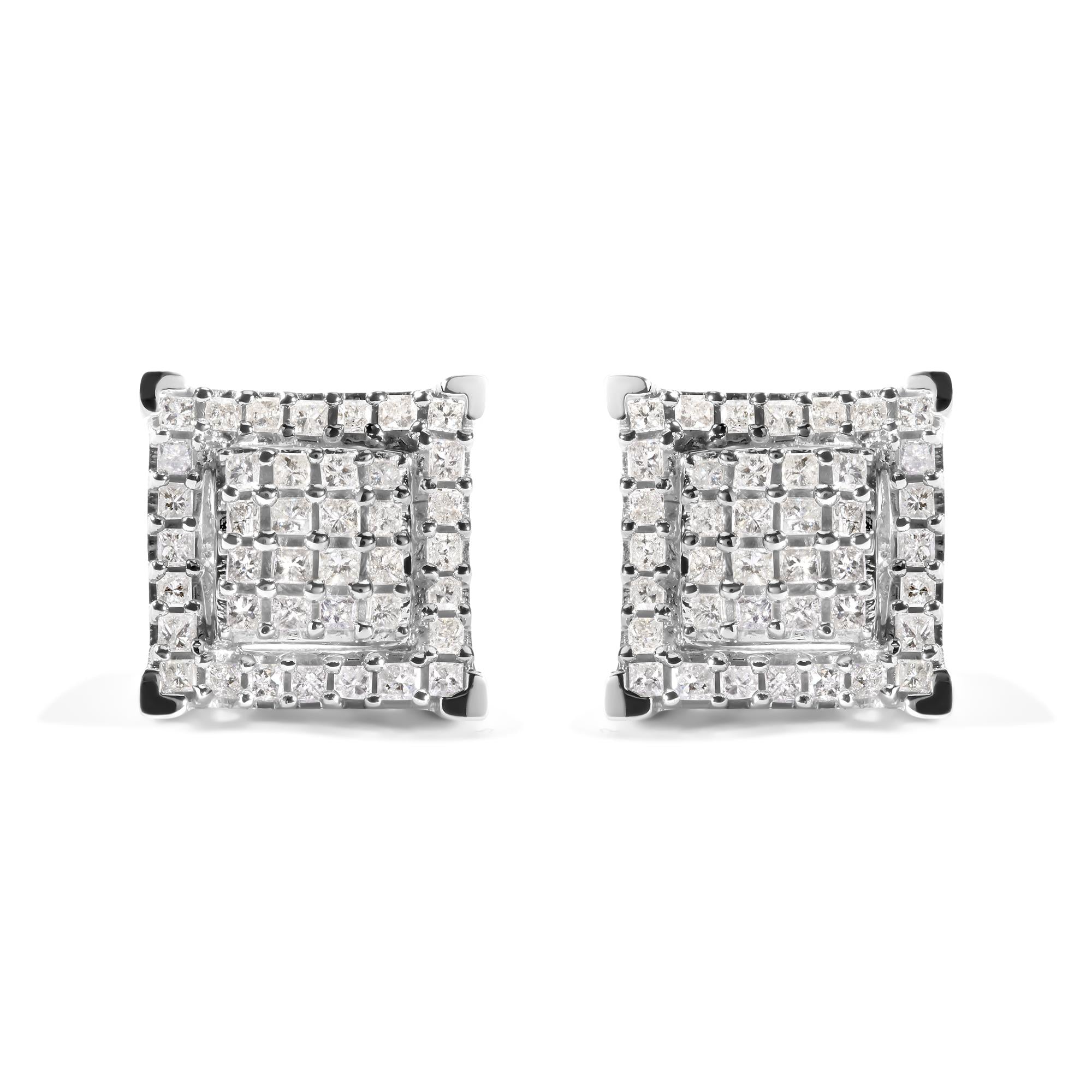 Aretes de oro blanco de 10 quilates con diamantes princesa de 1 1/4 ct y doble cuadrado con halo (color IJ, claridad I1-I2) - Friggin Jewelry
