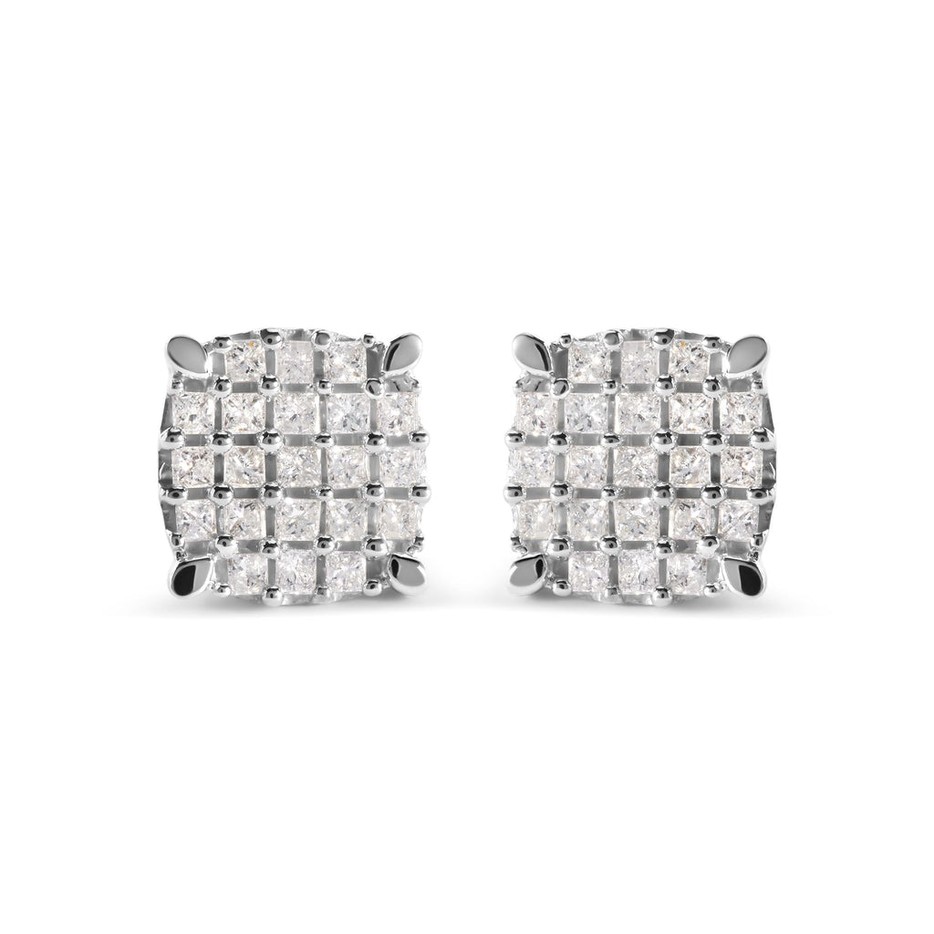 Aretes de oro blanco de 10 quilates con diamantes princesa de 3/4 quilates en forma de cojín (color IJ, claridad I1-I2) - Friggin Jewelry