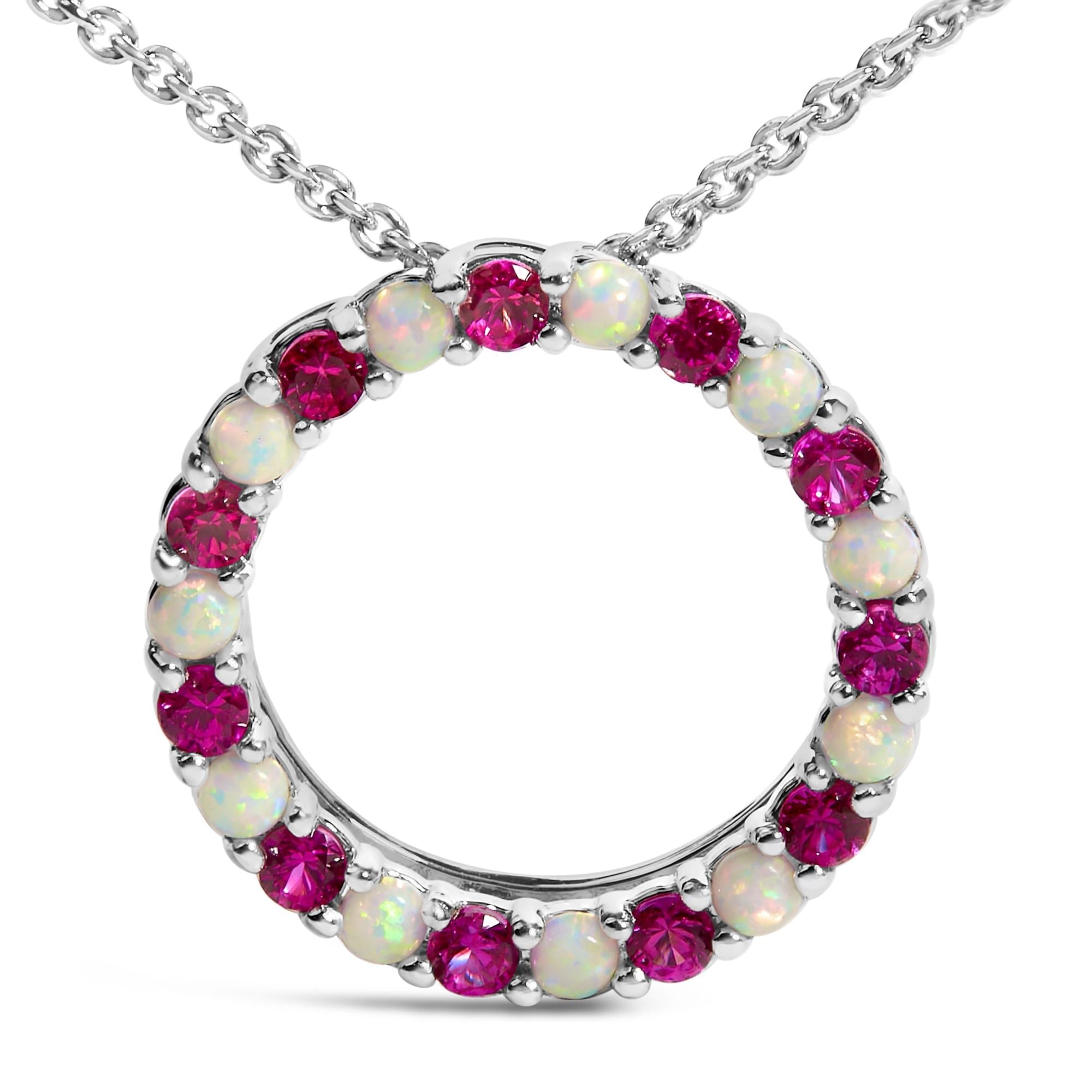 Collar con colgante circular de rubí rojo y ópalo creados alternados en plata de ley 925 - Friggin Jewelry