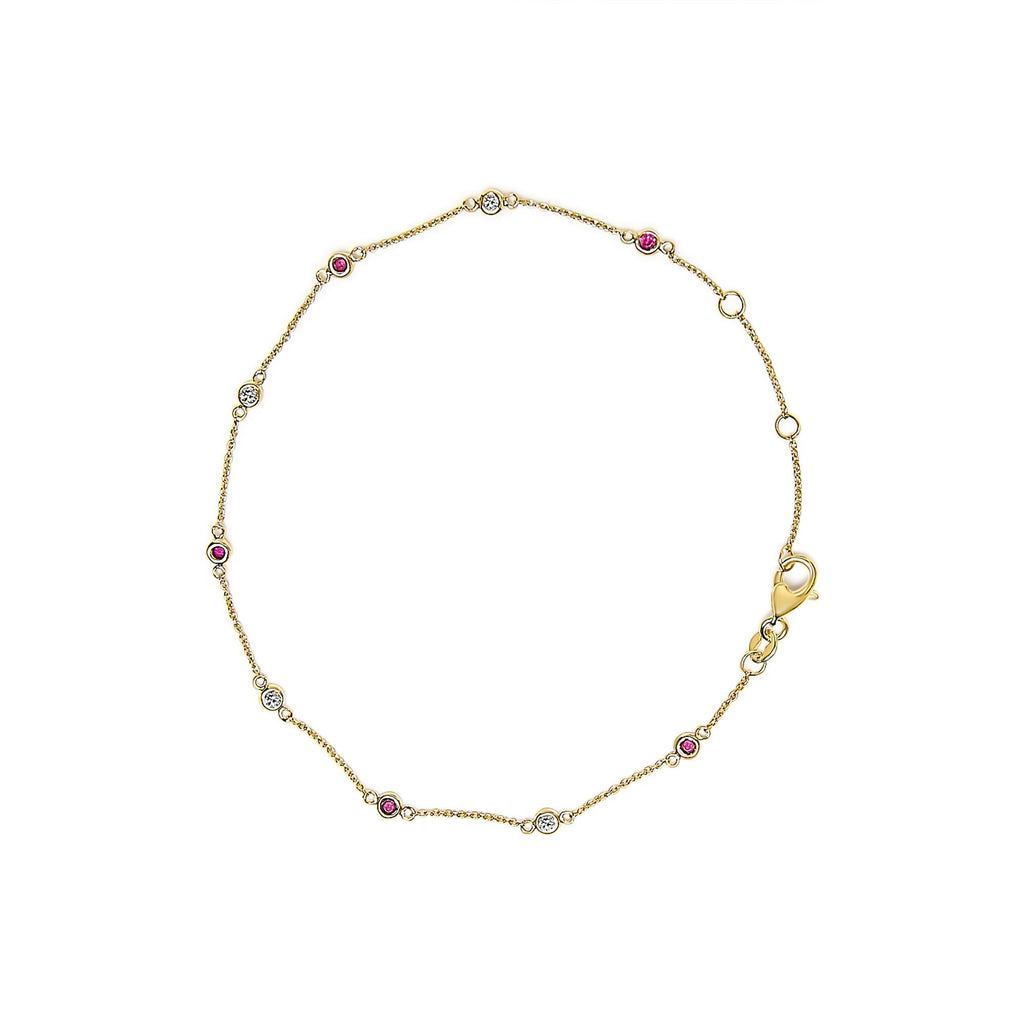 14K Yellow Gold Alternating Red Ruby and White Diamond Bezel Station Chain Bracelet (I-J Color, SI2-I1 Clarity) - 8" Inches - Friggin Jewelry