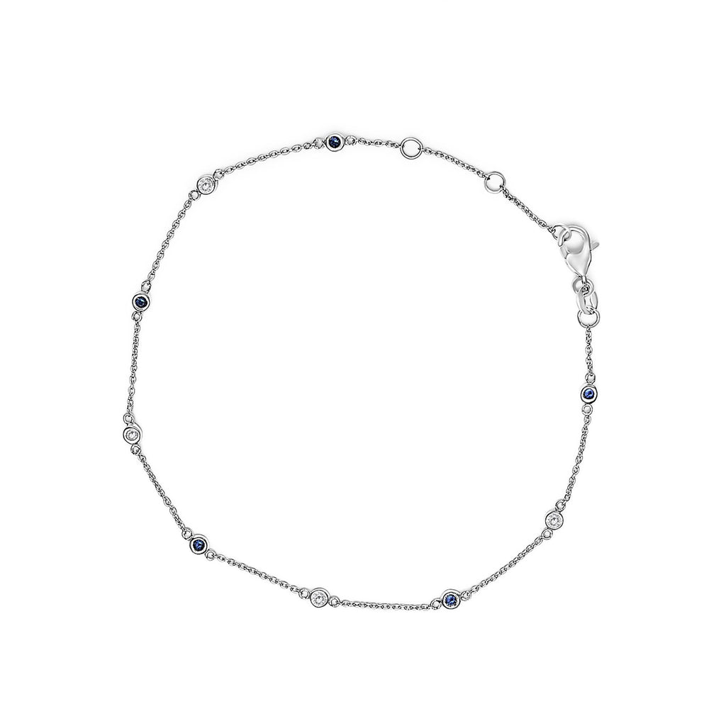 14K White Gold Alternating Blue Sapphire and White Diamond Bezel Station Chain Bracelet (I-J Color, SI2-I1 Clarity) - 8" Inches - Friggin Jewelry