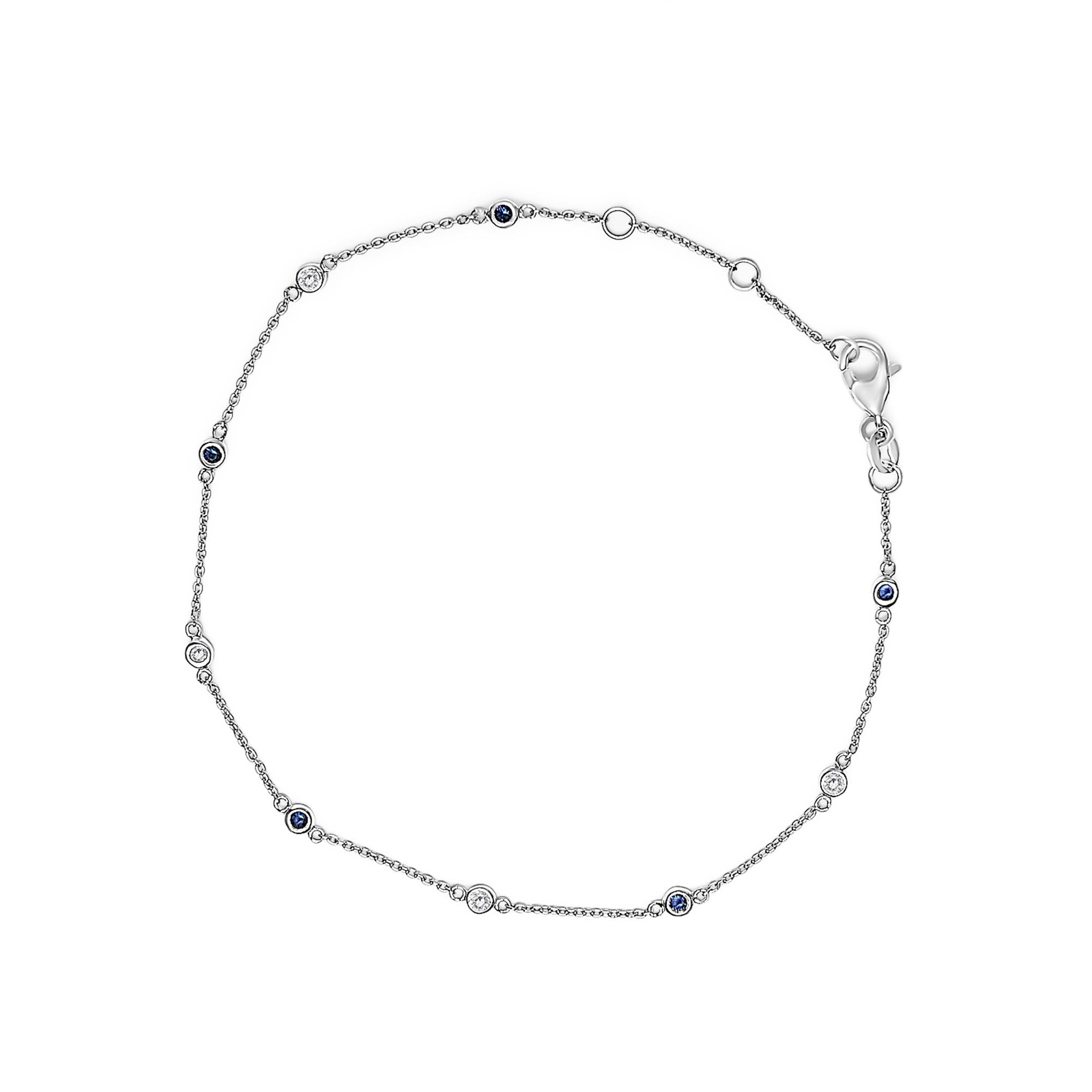 14K White Gold Alternating Blue Sapphire and White Diamond Bezel Station Chain Bracelet (I-J Color, SI2-I1 Clarity) - 8" Inches - Friggin Jewelry