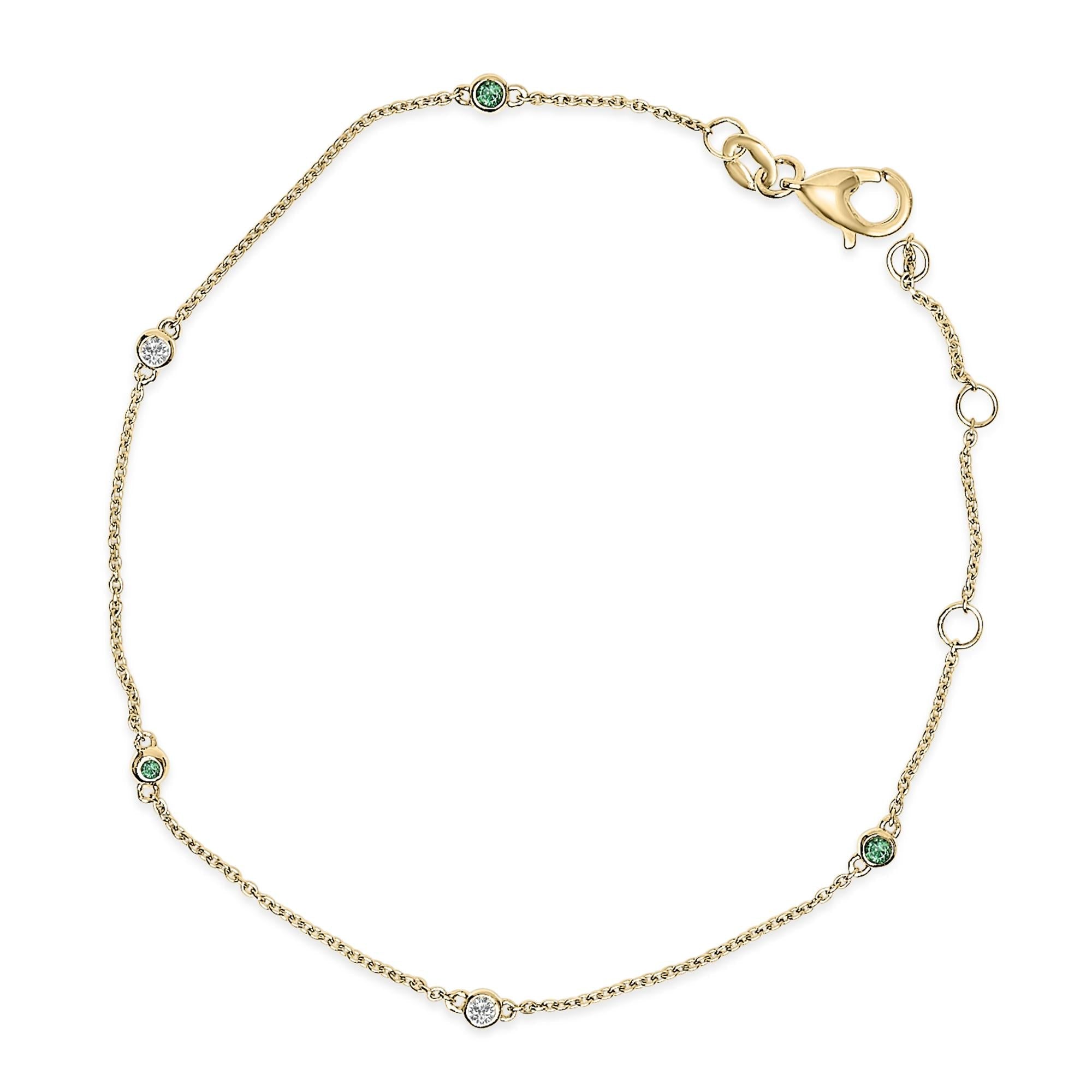 14K Yellow Gold Alternating Green Emerald and Diamond Bezel Station Chain Bracelet - Size 7.5 inch - Friggin Jewelry