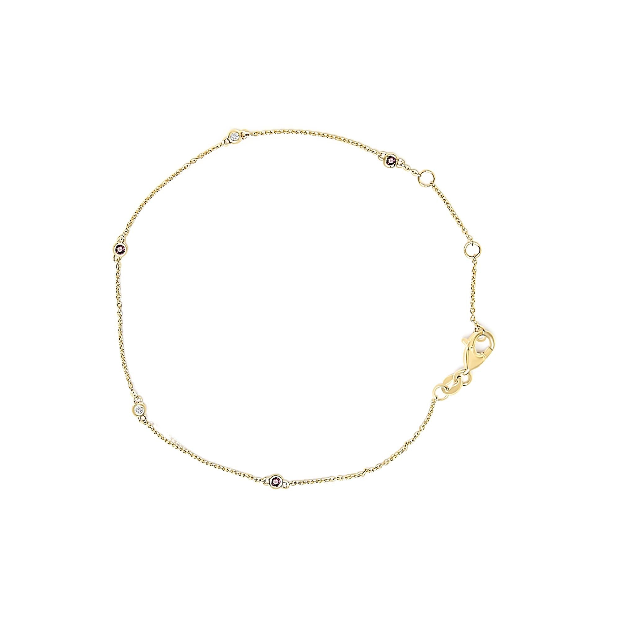 14K Yellow Gold Alternating Red Ruby and White Diamond Bezel Station Chain Bracelet (I-J Color, SI2-I1 Clarity) - 7.5" Inches - Friggin Jewelry
