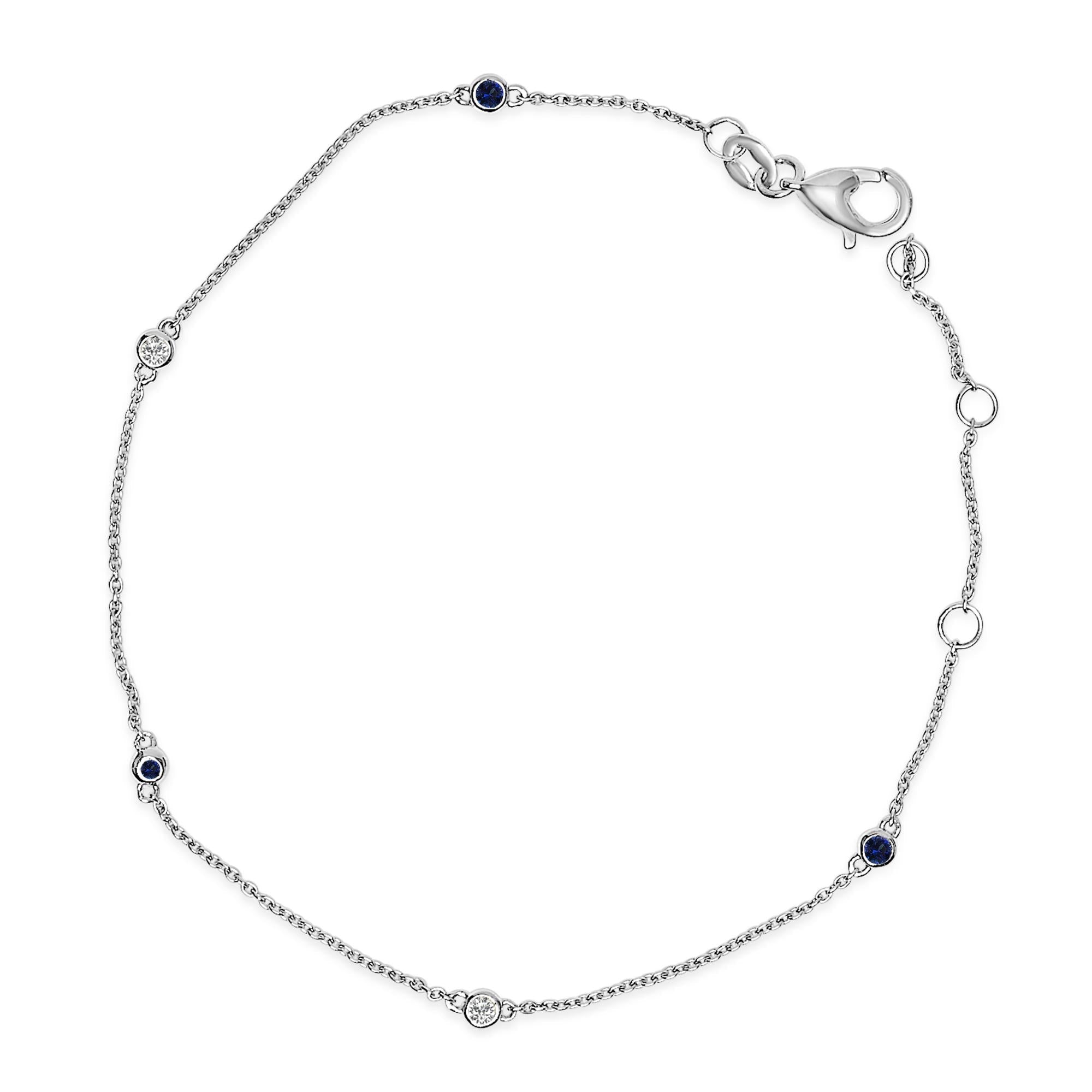 14K White Gold Alternating Blue Sapphire and Diamond Bezel Station Chain Bracelet - Size 7.5 inch - Friggin Jewelry