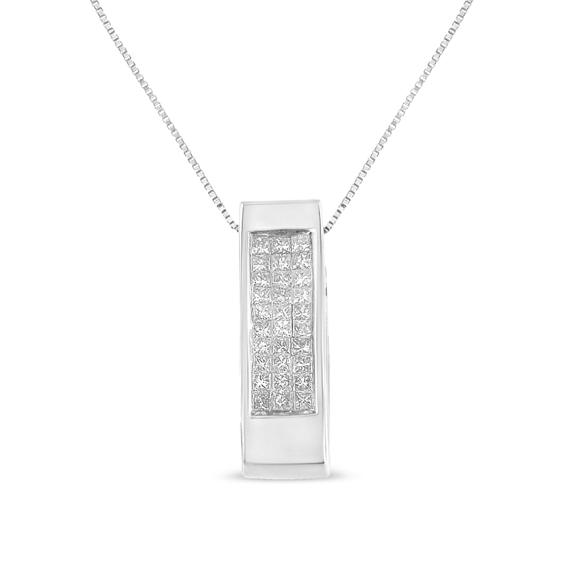 14K Gold 1/2 Cttw Invisible Set Princess Cut Diamond Vertical Bar Block Pendant 18" Necklace (H-I Color, SI2-I1 Clarity) - Friggin Jewelry