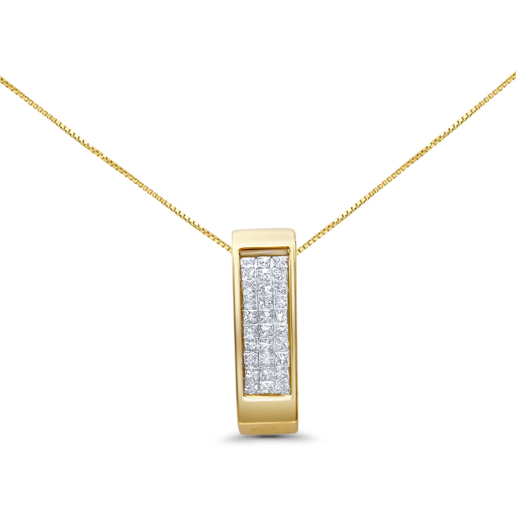14K Gold 1/2 Cttw Invisible Set Princess Cut Diamond Vertical Bar Block Pendant 18" Necklace (H-I Color, SI2-I1 Clarity) - Friggin Jewelry