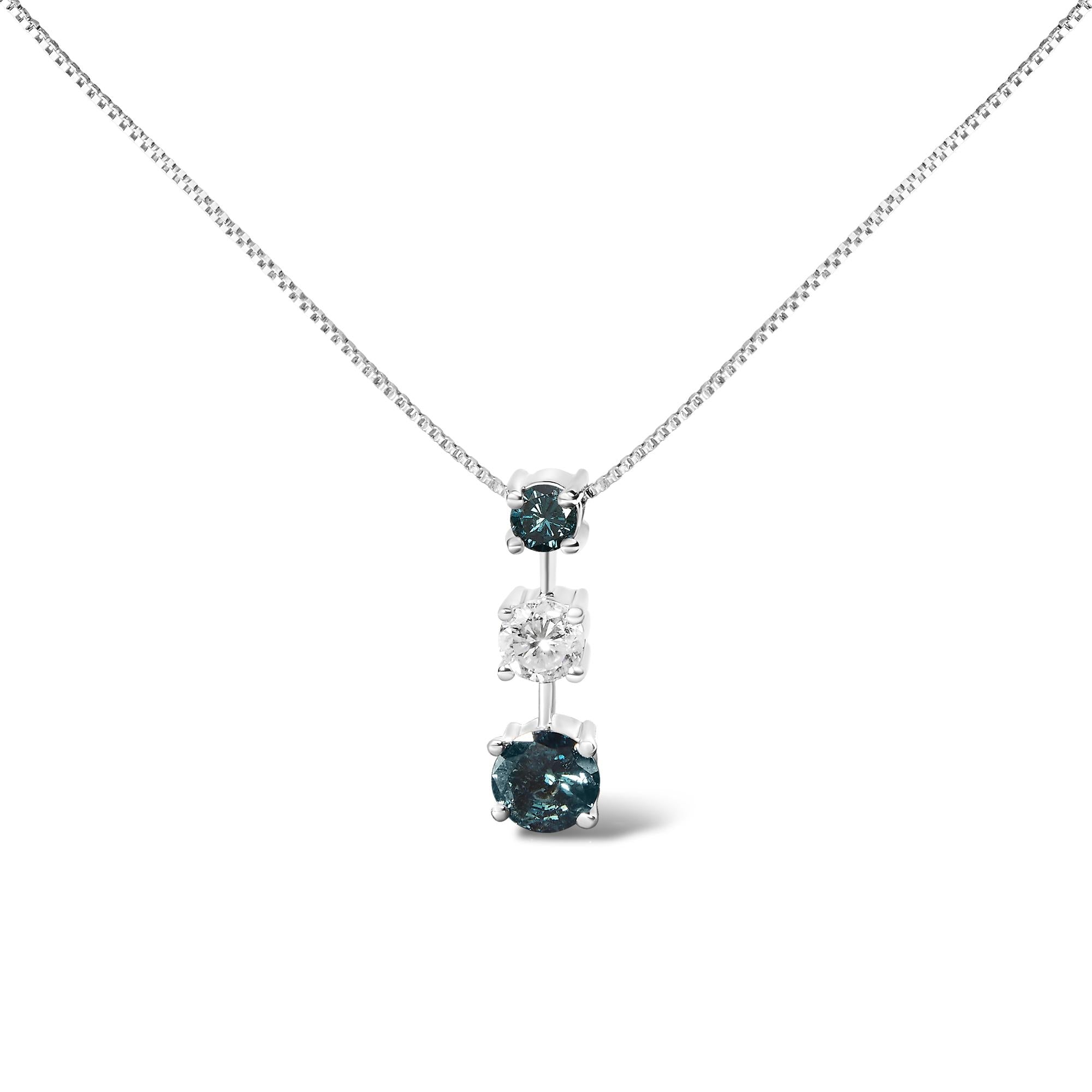 14K White Gold 1 1/2 Cttw Treated Blue and White Diamond 3-Stone 18" Pendant Necklace (Blue/H-I Color, I1-I2 Clarity) - Friggin Jewelry Premium