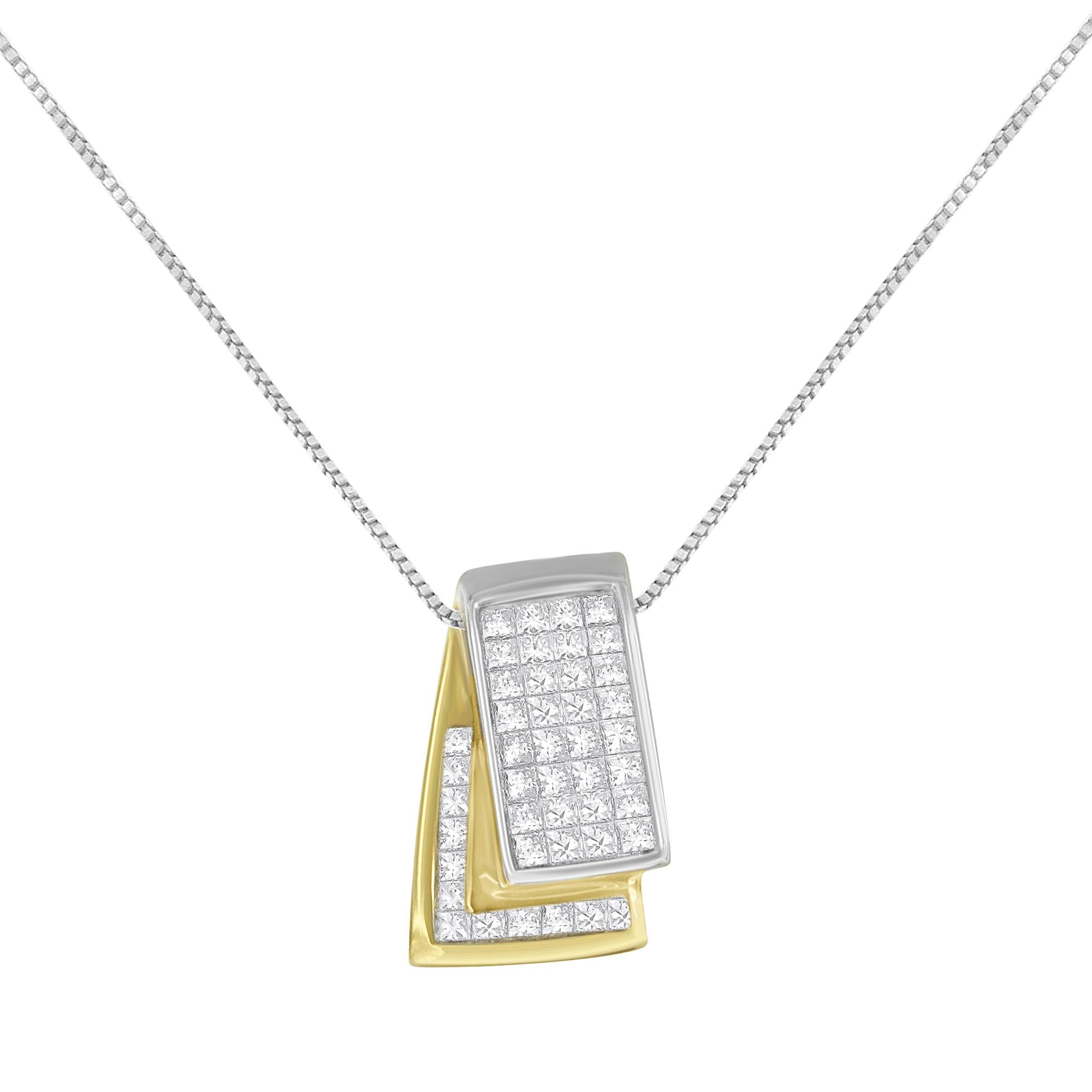 14K Gold 1.0 Cttw Princess Cut Diamond Two Tone Foldover Box Pendant 18” Box Chain Necklace (H-I Color, SI2-I1 Clarity) - Friggin Jewelry