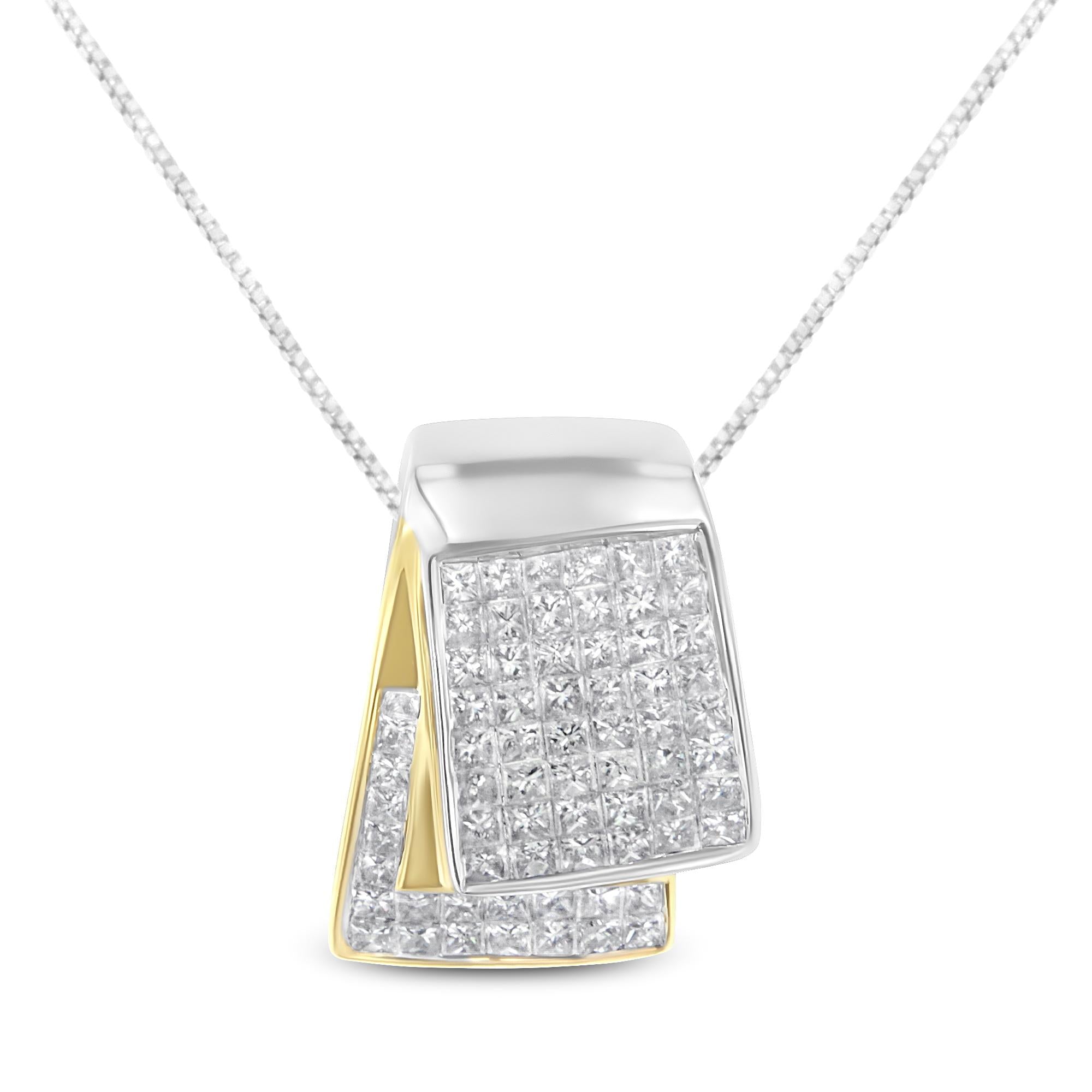 14K White and Yellow Gold 2.0 Cttw Princess Cut Diamond Two Tone Foldover Box Pendant 18” Box Chain Necklace (H-I Color, SI1-SI2 Clarity) - Friggin Jewelry