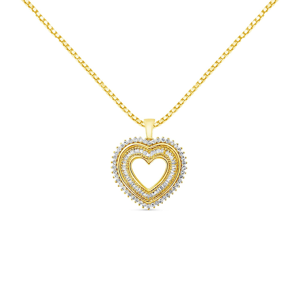 14K Yellow Gold Plated .925 Sterling Silver 1.0 Cttw Round and Baguette-Cut Diamond Composite Hearth 18" Pendant Necklace (I-J Color, I1-I2 Clarity) - Friggin Jewelry