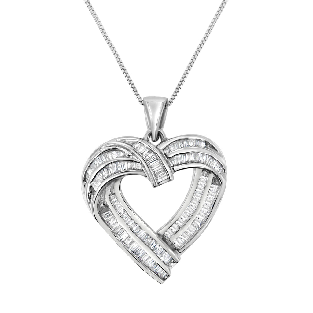 Sterling Silver 7/8 cttw Baguette Diamond Heart Pendant Necklace (I-J, I2-I3) - Friggin Jewelry