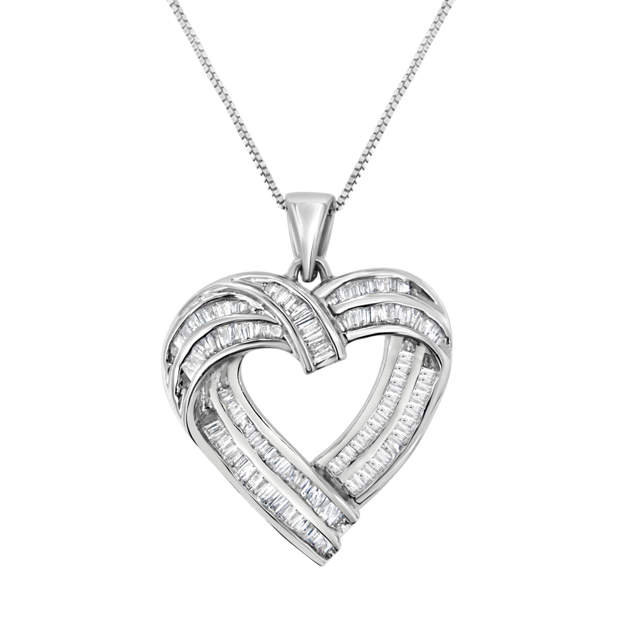 Sterling Silver 7/8 cttw Baguette Diamond Heart Pendant Necklace (I-J, I2-I3) - Friggin Jewelry