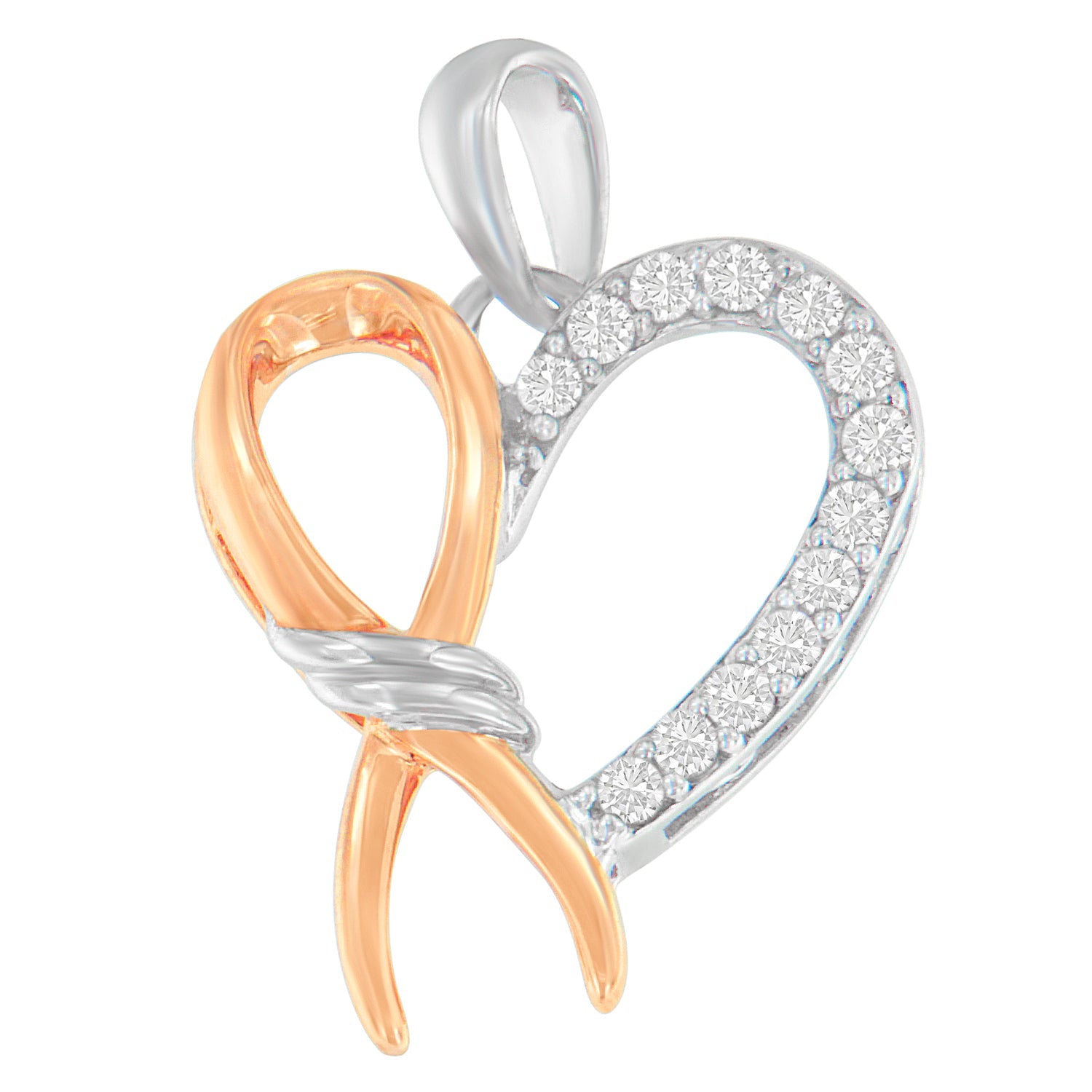 Two-Toned .925 Sterling Silver 1/5 cttw Round Cut Diamond Ribbon Heart Accent Pendant Necklace (H-I, I2-I3) - Friggin Jewelry