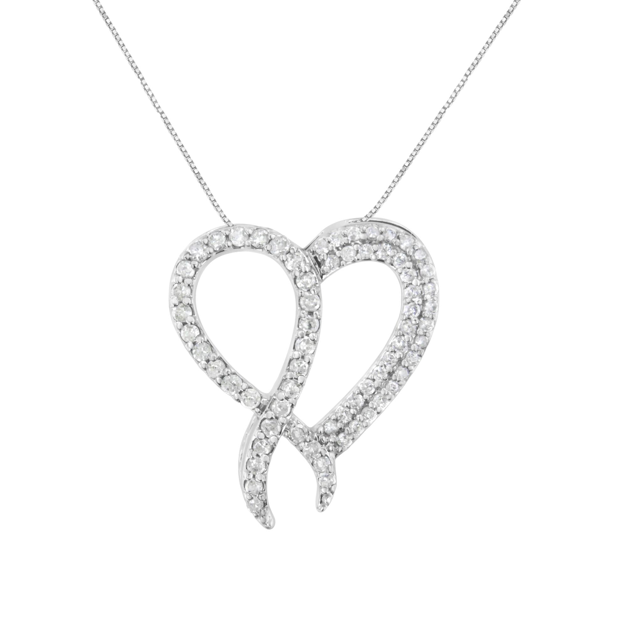 .925 Sterling Silver 1 cttw Diamond Heart and Ribbon 18" Pendant Necklace (I-J Clarity, I2-I3 Color) - 18" - Friggin Jewelry