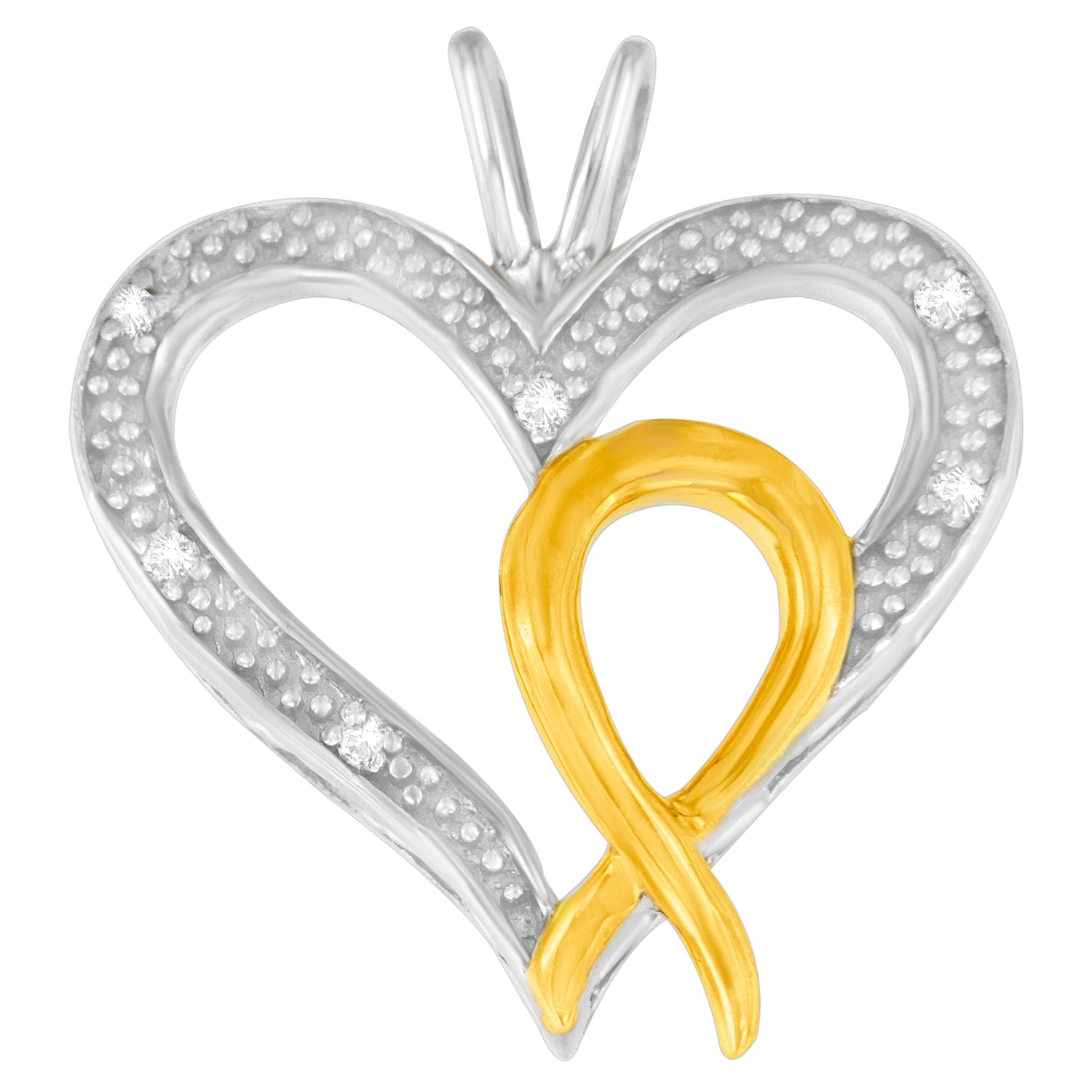 .925 Sterling Silver Two Toned 1/25 cttw Diamond Heart-Ribbon Pendant Necklace (I-J, I2-I3) - Friggin Jewelry