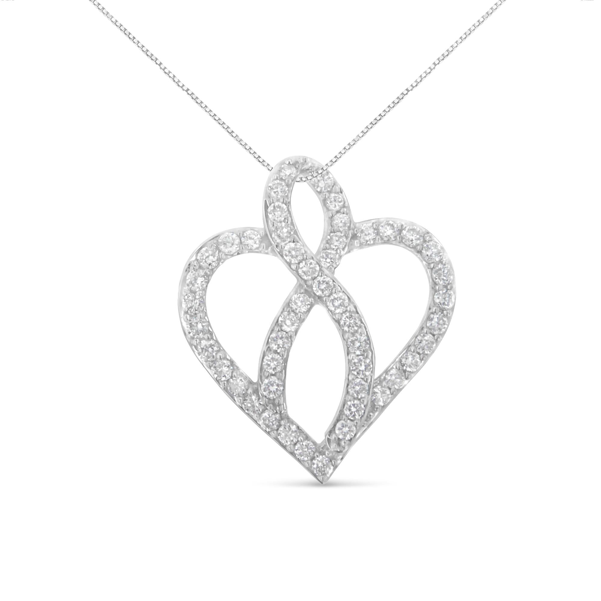 14KT White Gold 1 cttw Diamond Heart Ribbon Pendant Necklace (H-I, I1-I2) - Friggin Jewelry Premium