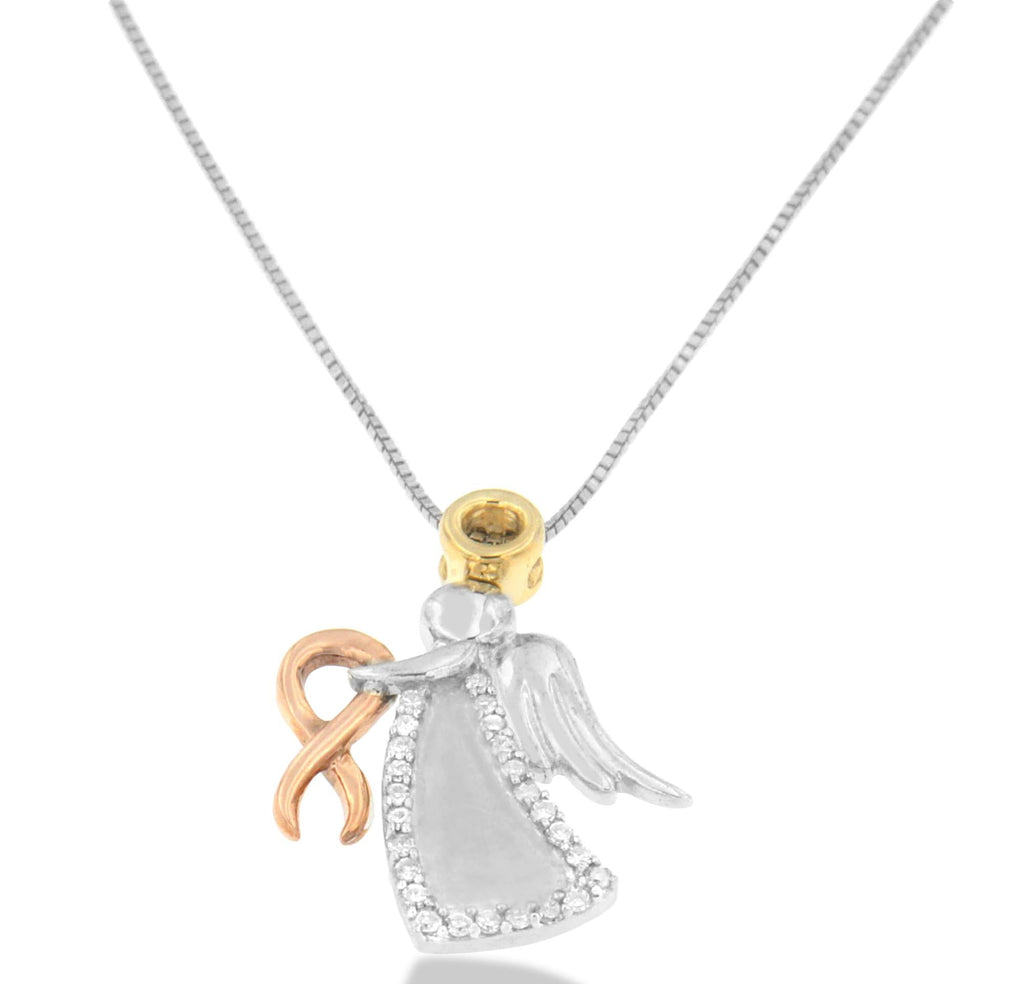 10K Tri-Color Gold Diamond-Accented Angel Awareness Ribbon Pendant Necklace (H-I Color, I1-I2 Clarity) - Friggin Jewelry