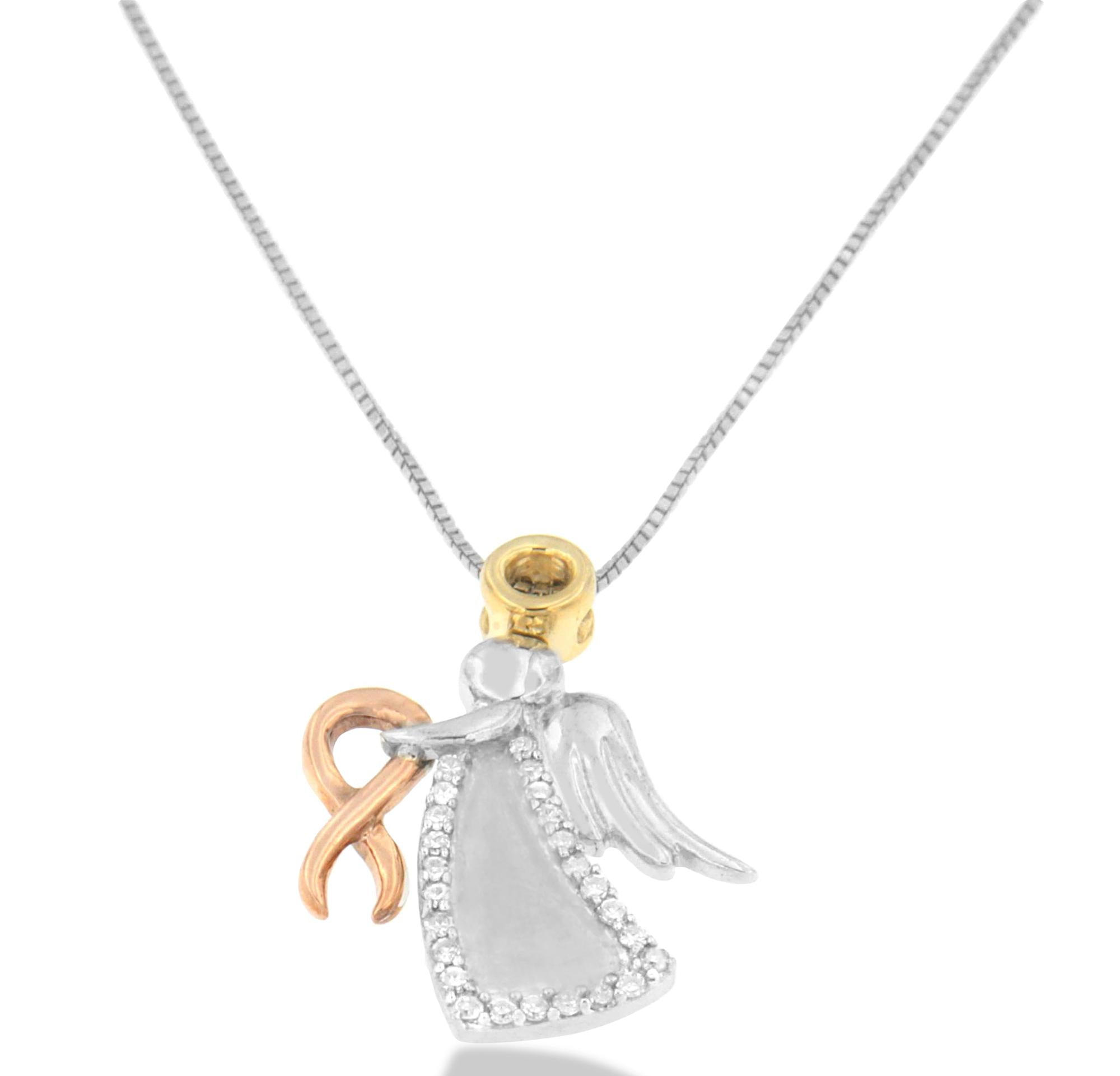 10K Tri-Color Gold Diamond-Accented Angel Awareness Ribbon Pendant Necklace (H-I Color, I1-I2 Clarity) - Friggin Jewelry