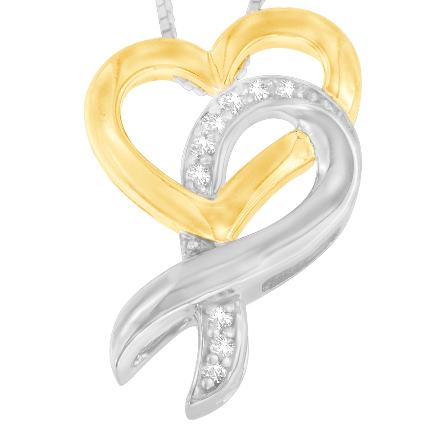 10K Yellow Gold and .925 Sterling Silver 1/20 cttw Diamond Ribbon-Heart Pendant Necklace (H-I, I1-I2) - Friggin Jewelry