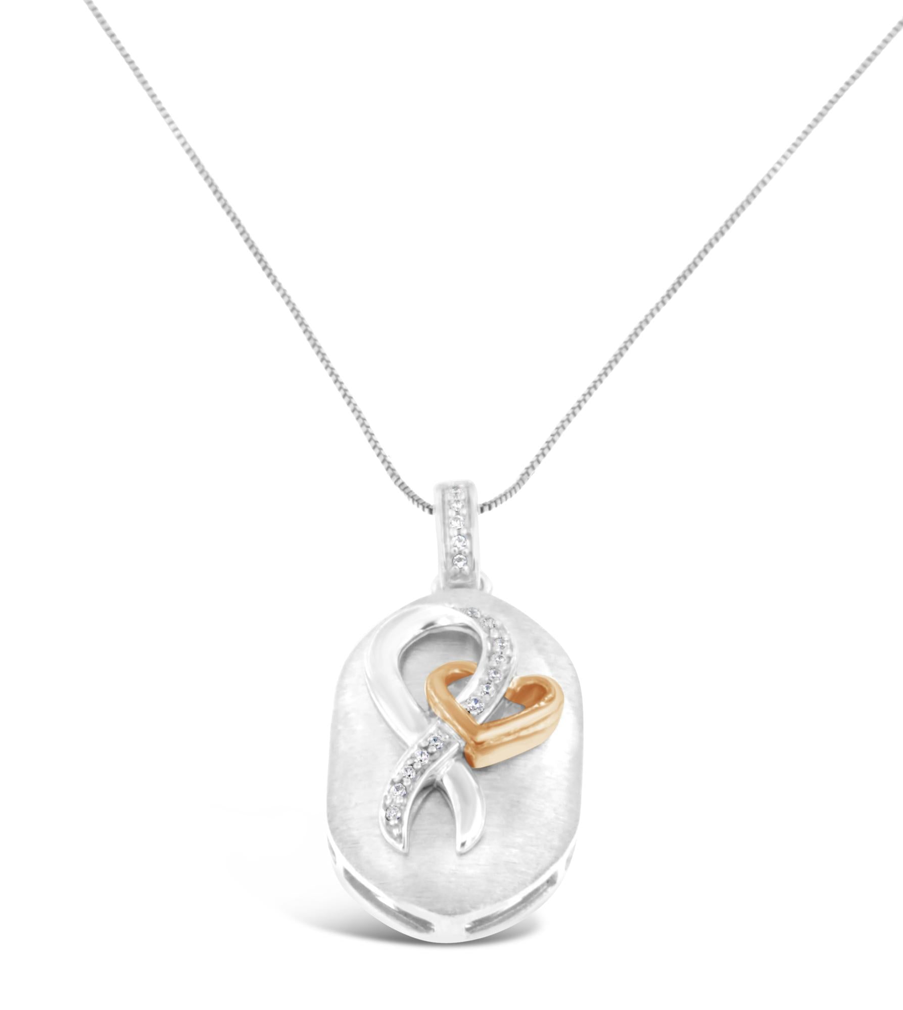 10k Rose Gold and Sterling Silver 1/10ct TDW Round Cut Diamond Interlocked Heart and Ribbon Pendant Necklace (H-I, I1-I2) - Friggin Jewelry